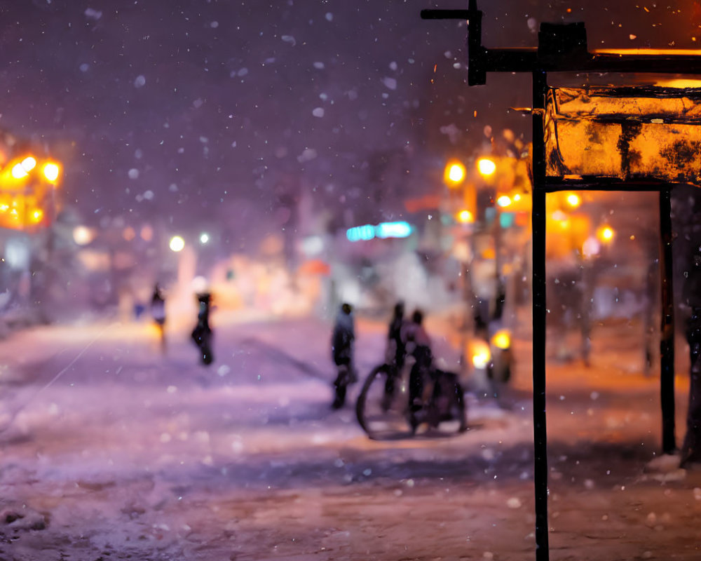 Snowy Street Night Scene with Glowing Streetlights and People Walking