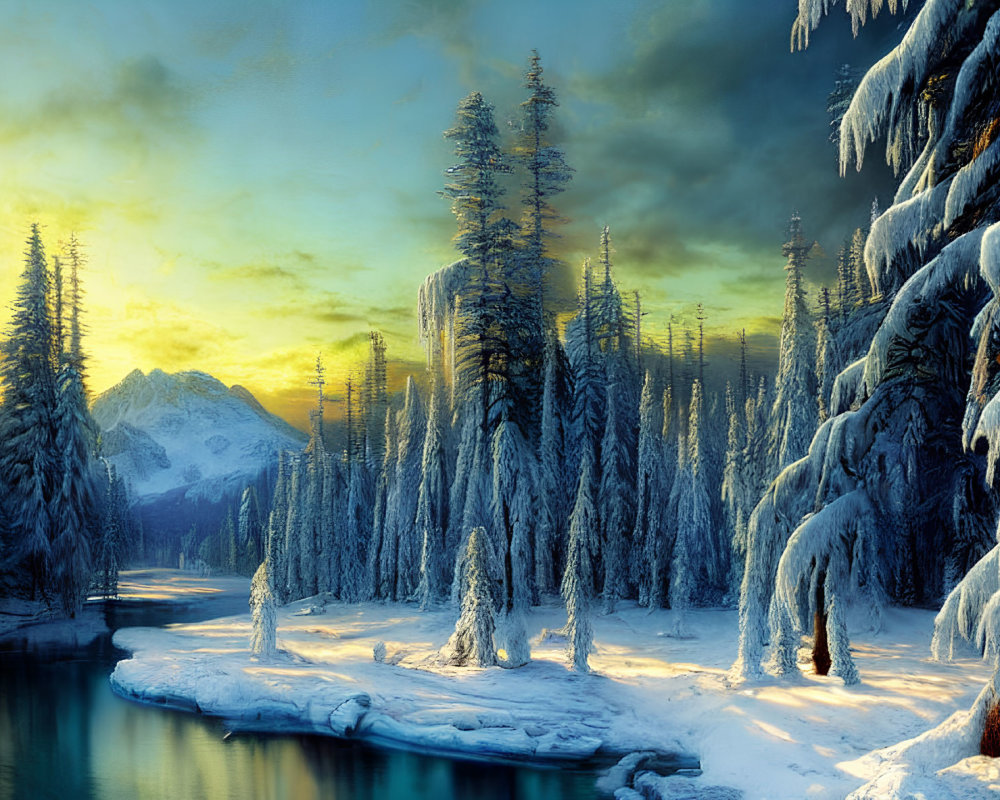 Snow-covered pines, calm river, snow-capped mountains: Serene winter landscape