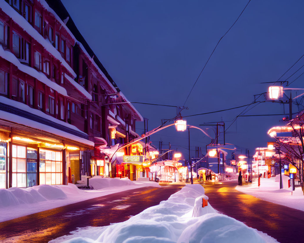 Snow-covered Twilight Street Scene with Storefronts & Street Lamps