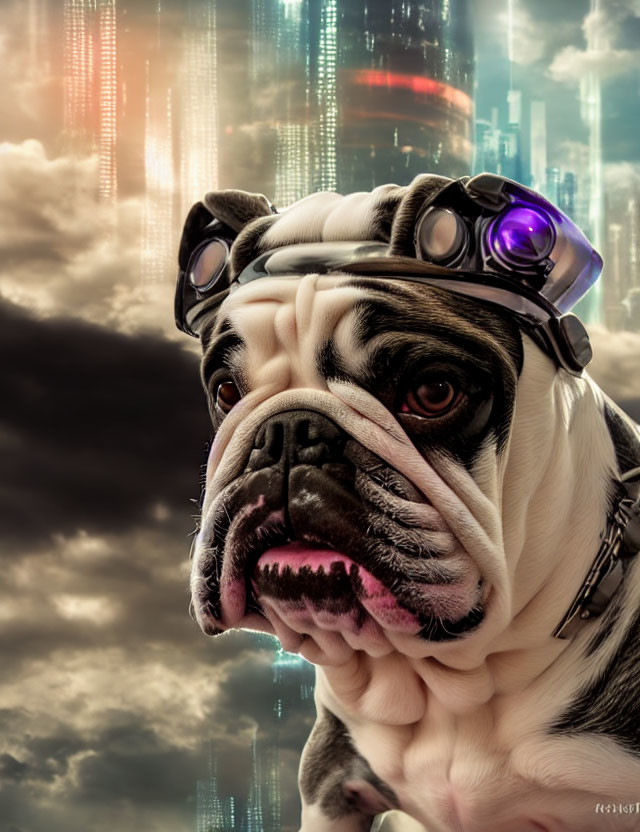 Bulldog with purple-lens goggles in front of futuristic cityscape