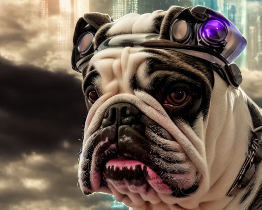 Bulldog with purple-lens goggles in front of futuristic cityscape