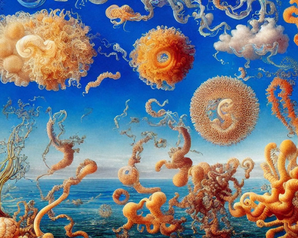 Surrealist artwork with orange jellyfish-like forms in blue sky