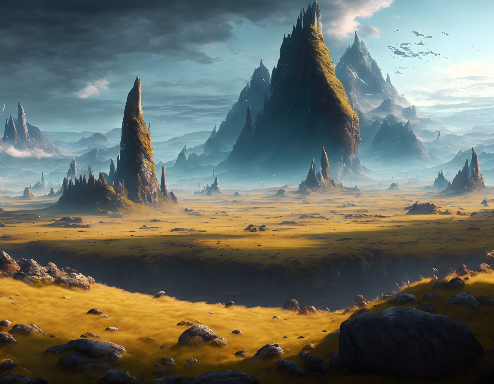 Fantasy landscape with jagged mountains, golden plains, and scattered rocks