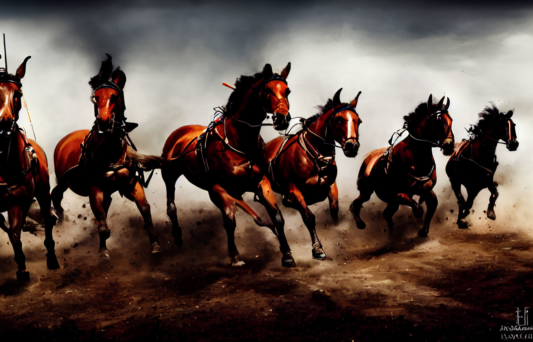 Vivid depiction of six galloping horses in dynamic motion