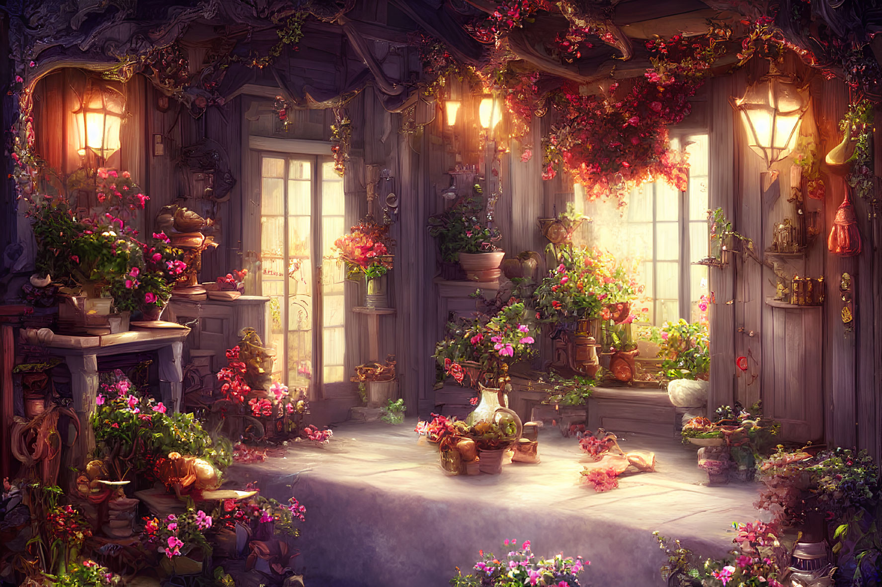 Enchanting cottage with vibrant flowers and magical glow