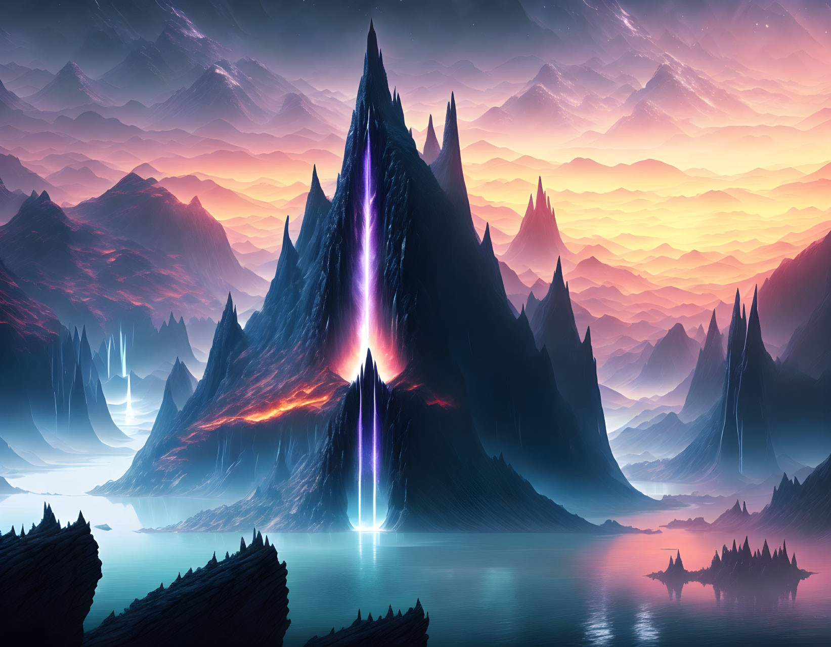 Surreal landscape with towering mountains and radiant light under starry sky