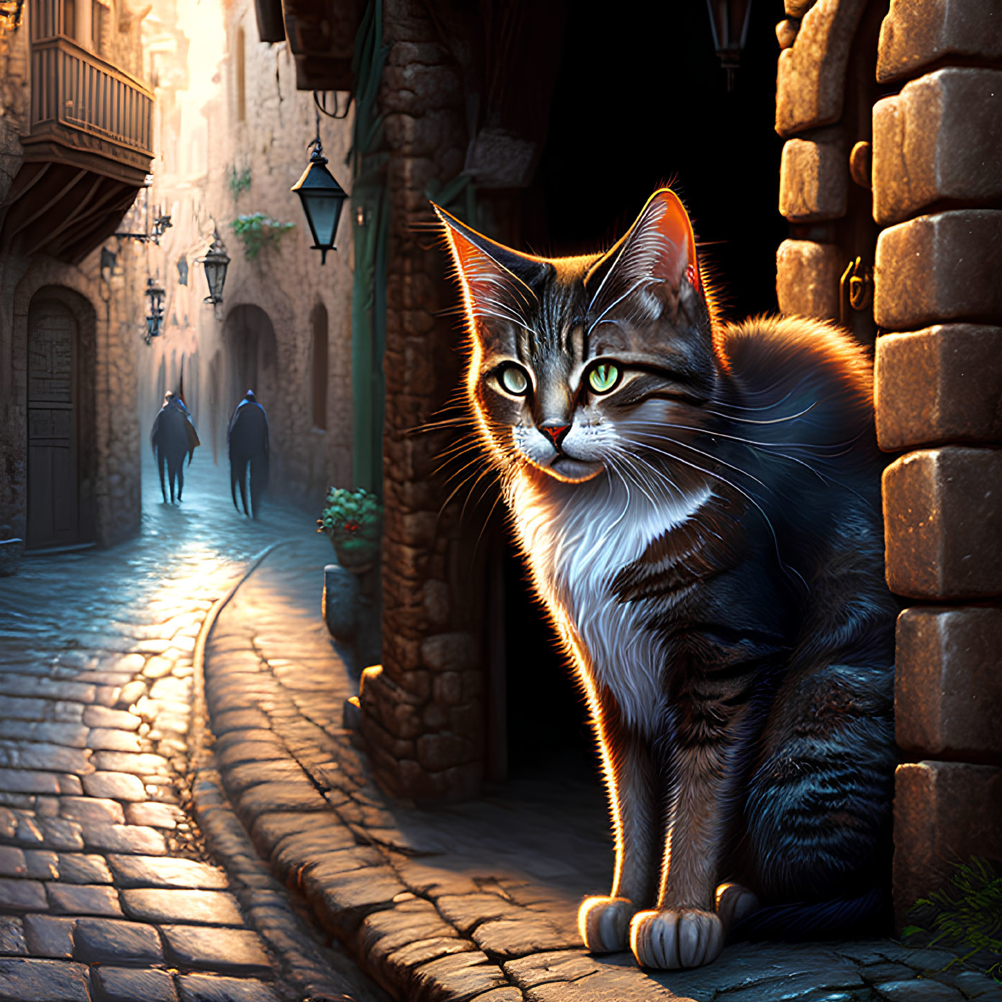 Tabby cat with striking eyes in sunlit cobblestone alley.