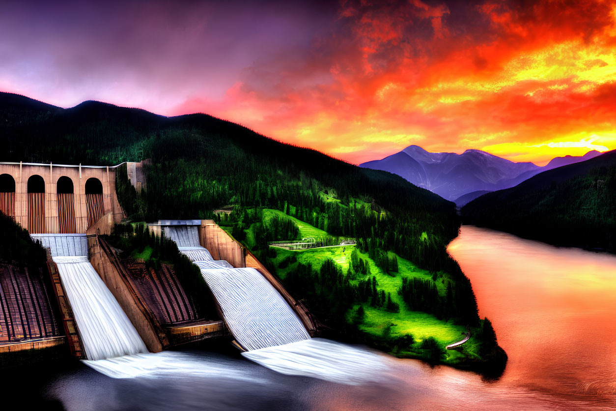 Scenic sunset view of dam releasing water into river