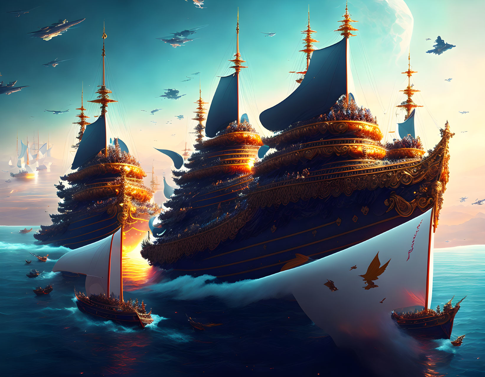 Ornate Fantasy Armada Sailing on Serene Ocean at Sunset