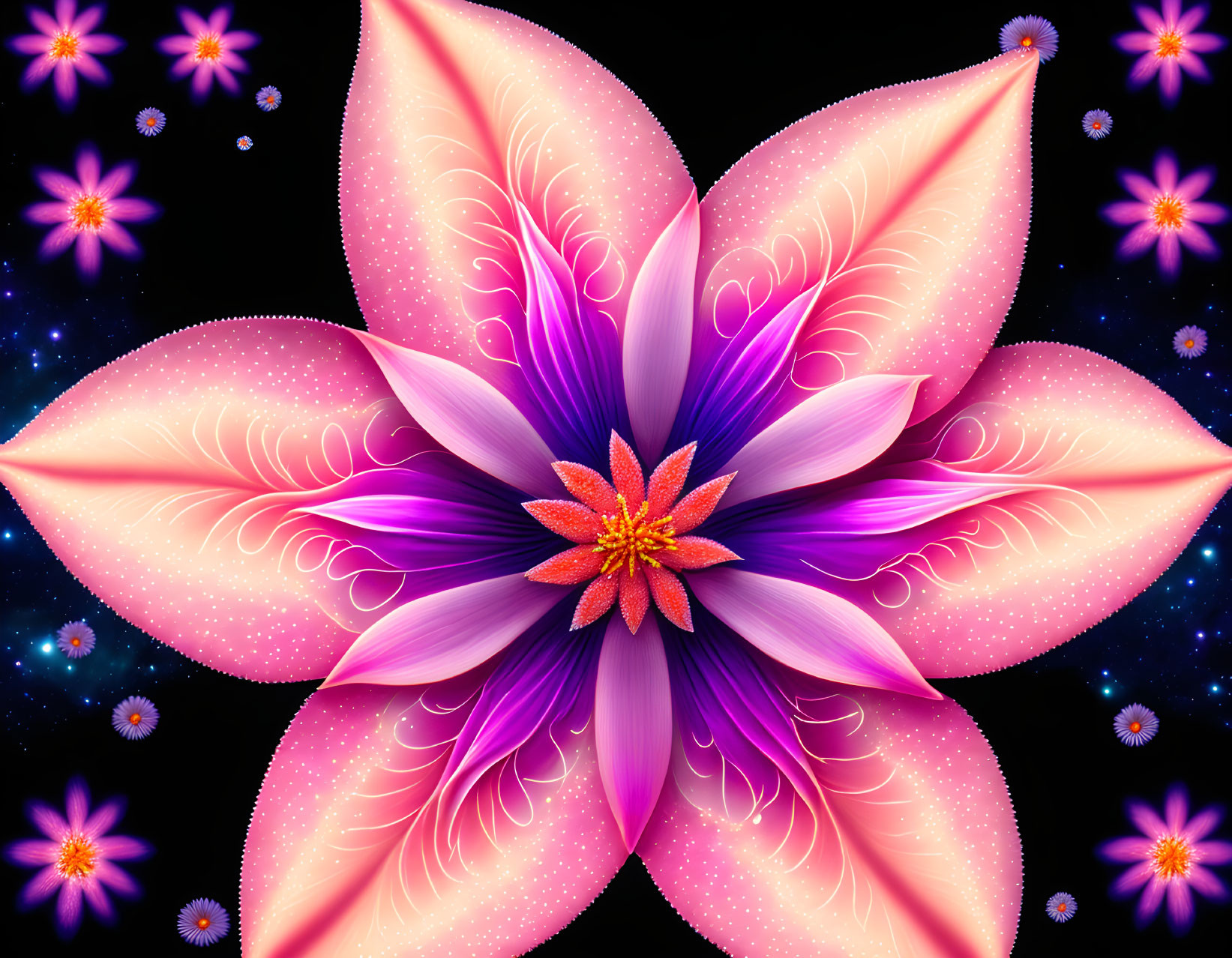 Colorful digital art of stylized flower with pink and purple petals, intricate textures, and lumines