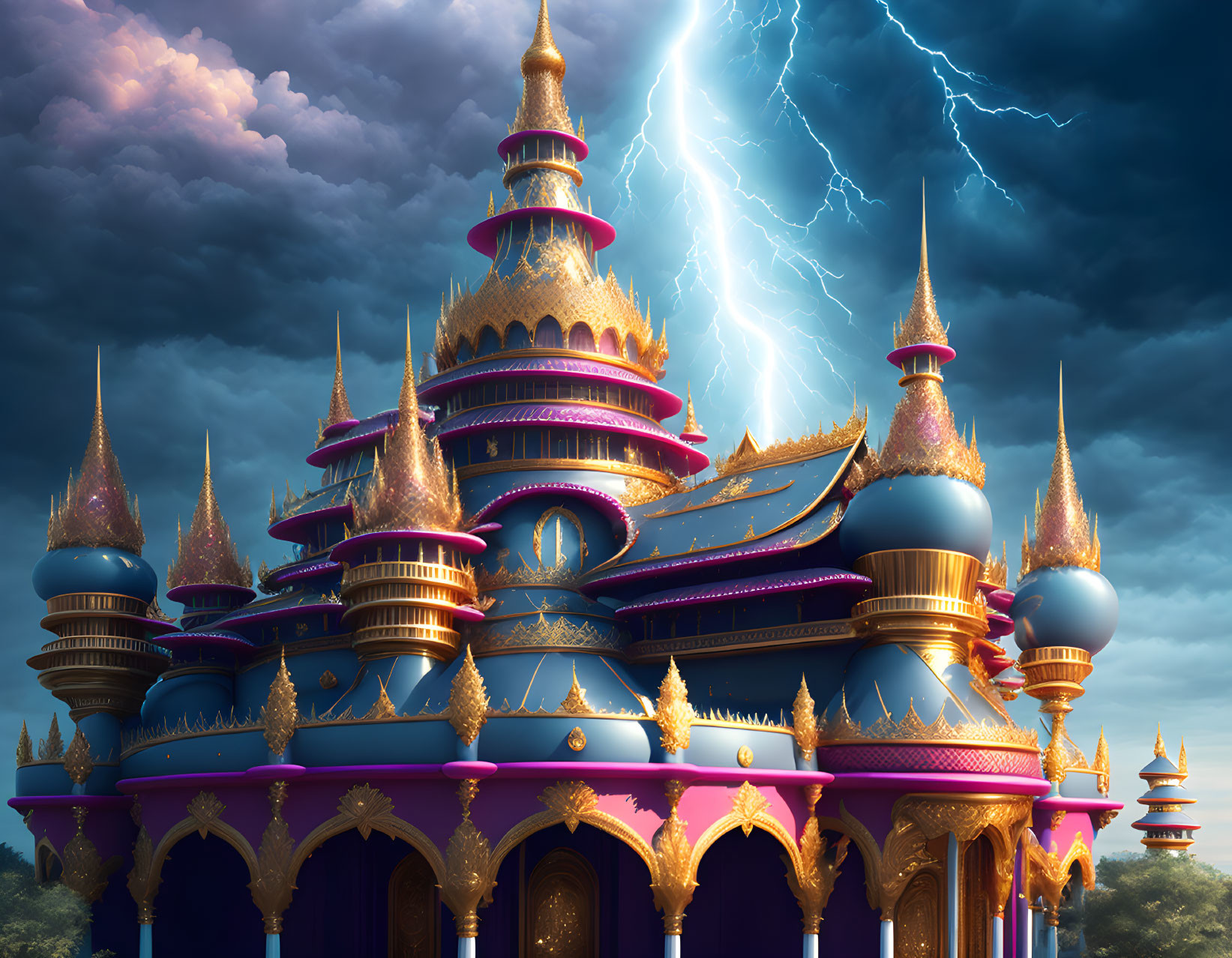 Ornate Castle with Gold and Purple Accents Against Dramatic Sky