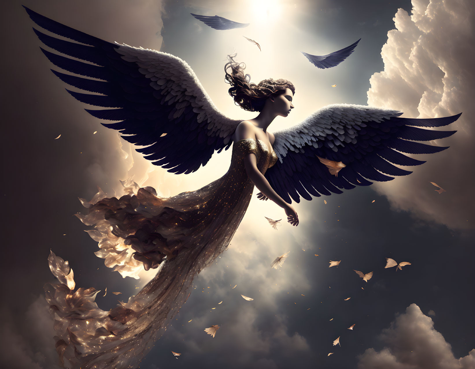 Ethereal figure with large wings soaring among clouds