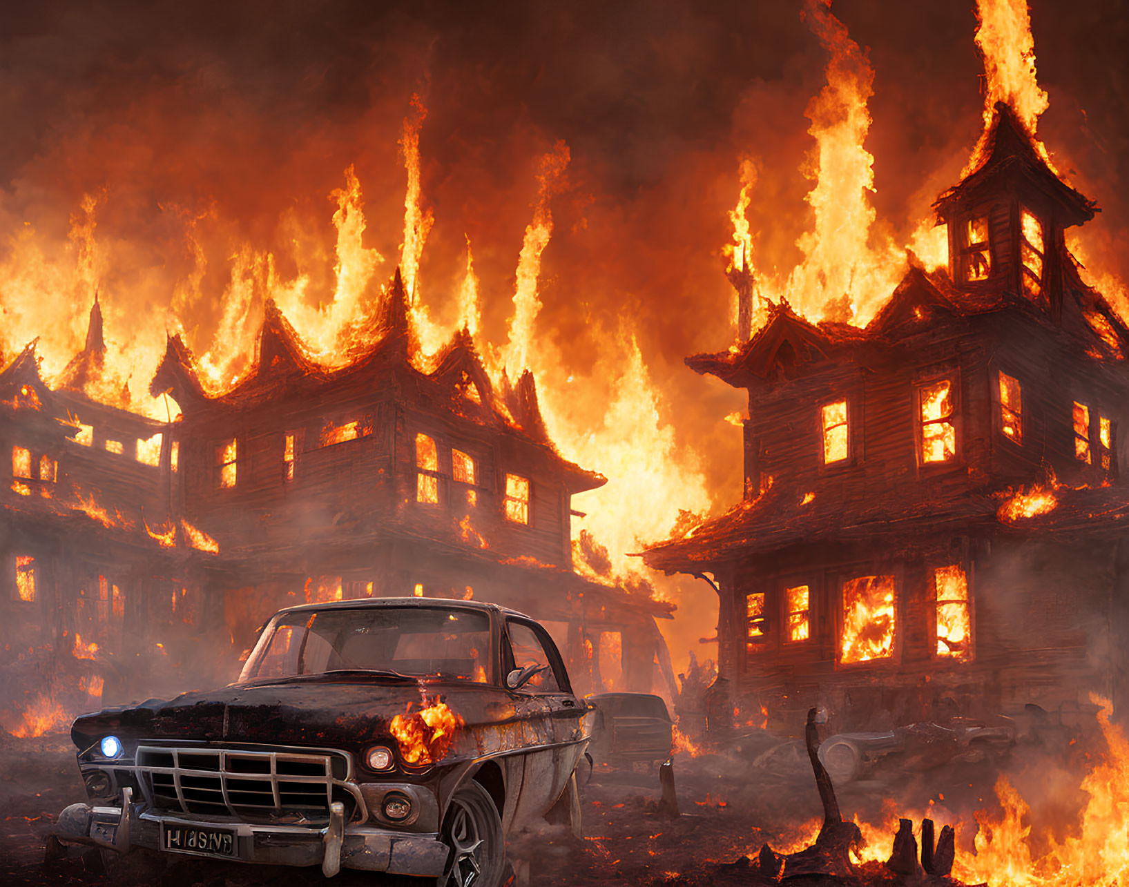 Vintage car with flaming engine and wooden structures engulfed in flames