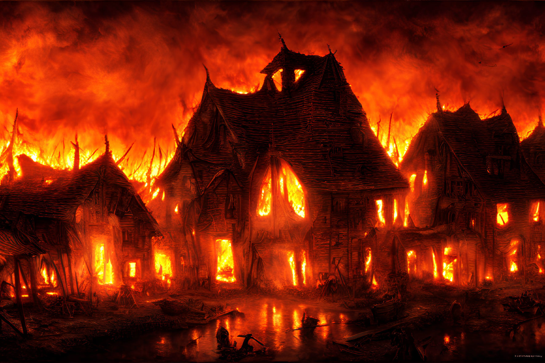 Medieval village engulfed in flames at night with burning structures