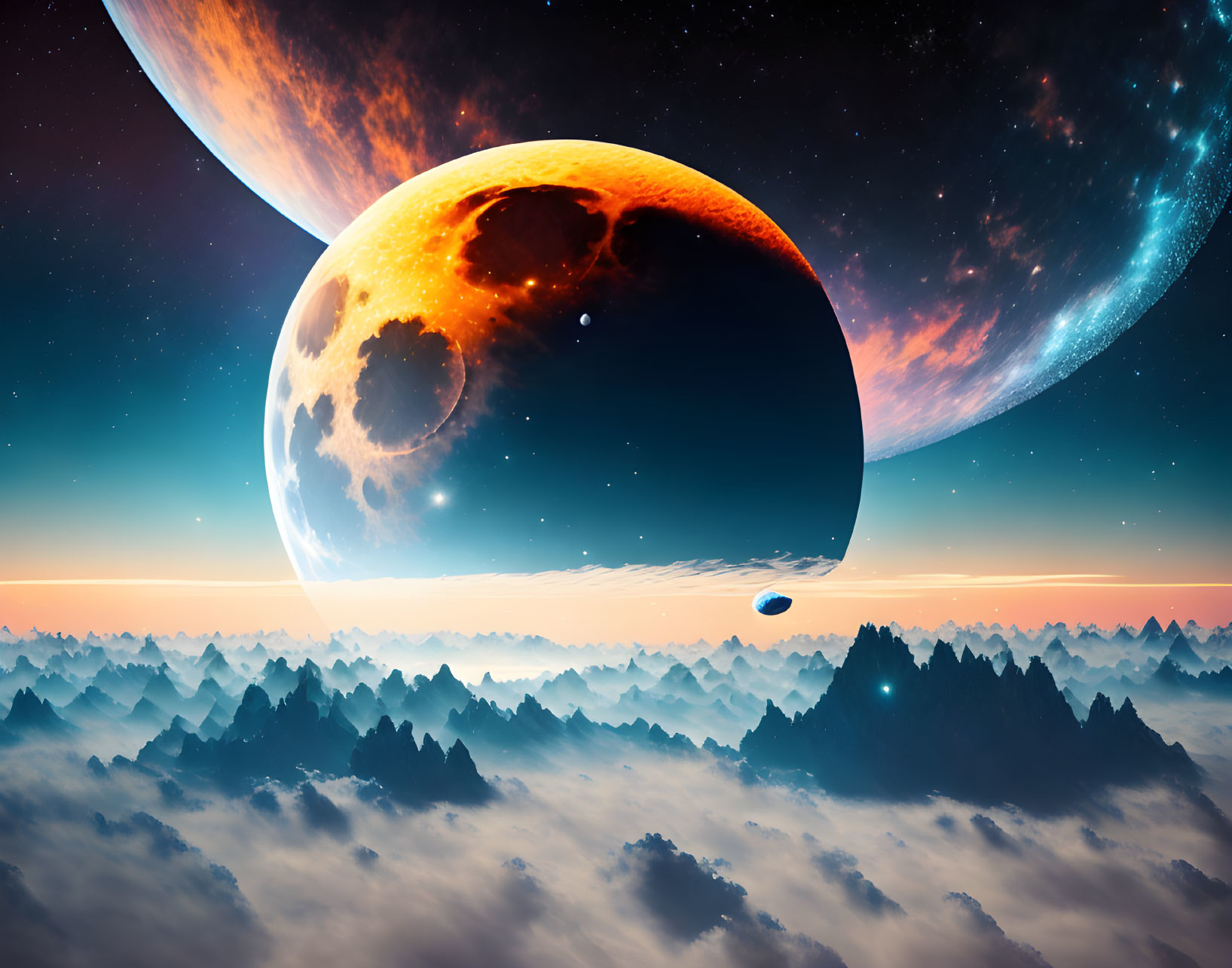 Surreal cosmic landscape with two large planets and rocky terrain under glowing sun