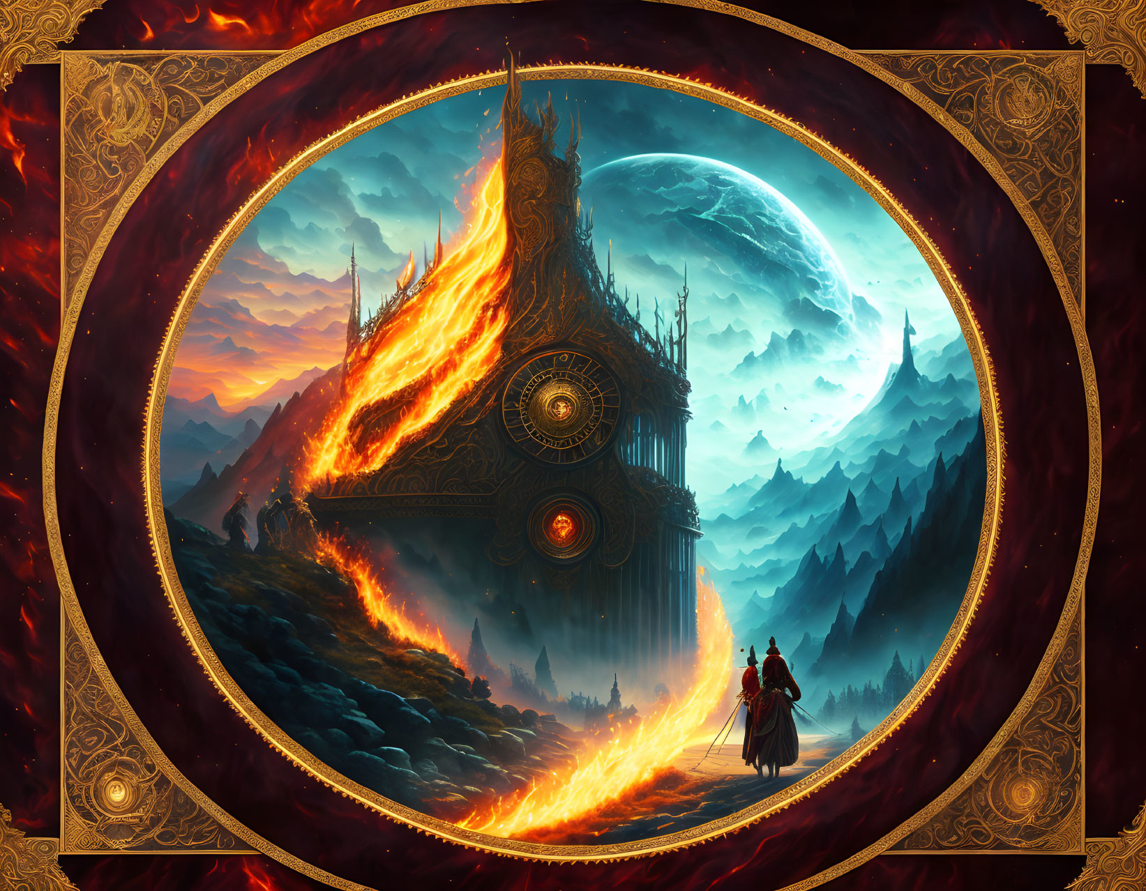 Fantastical burning castle scene with giant moon and red figure in ornate frame