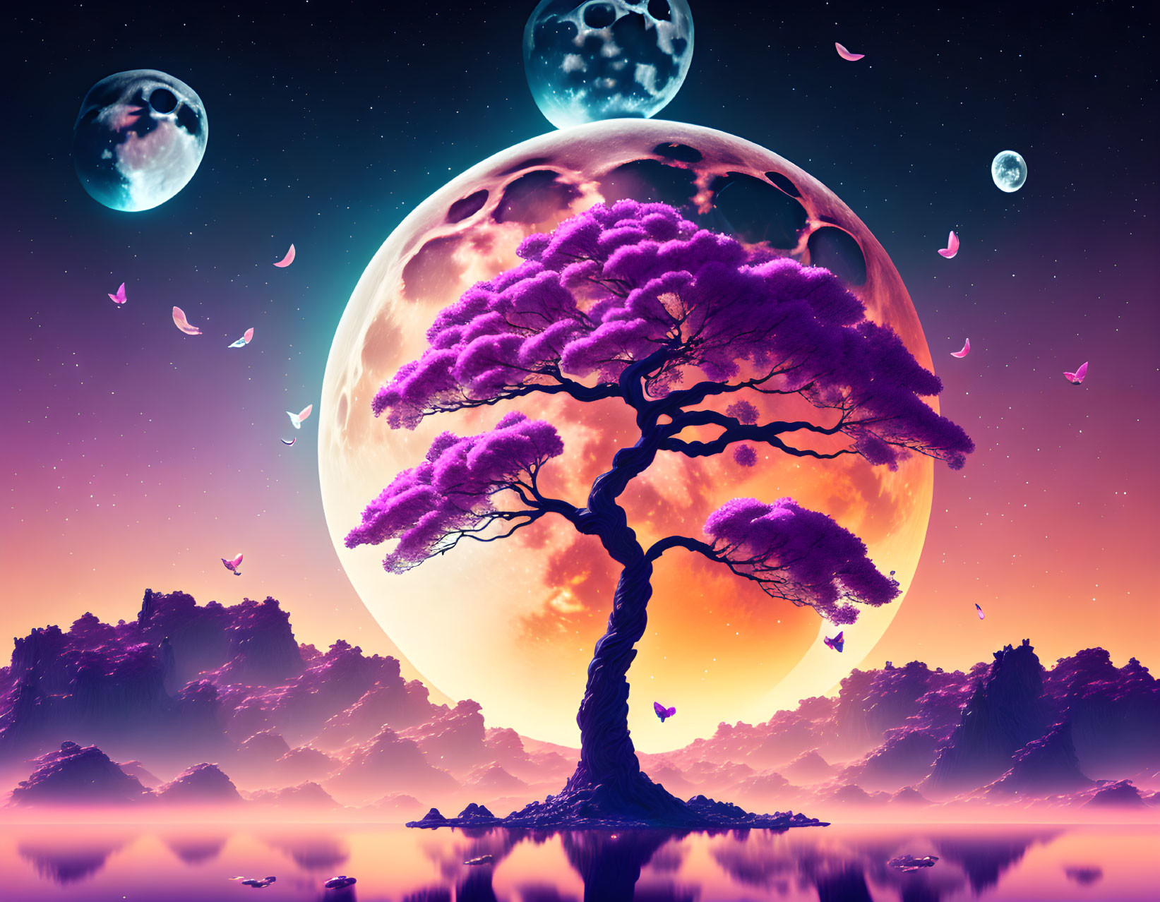 Fantasy landscape with solitary tree, moons, purple skies, and pink butterflies