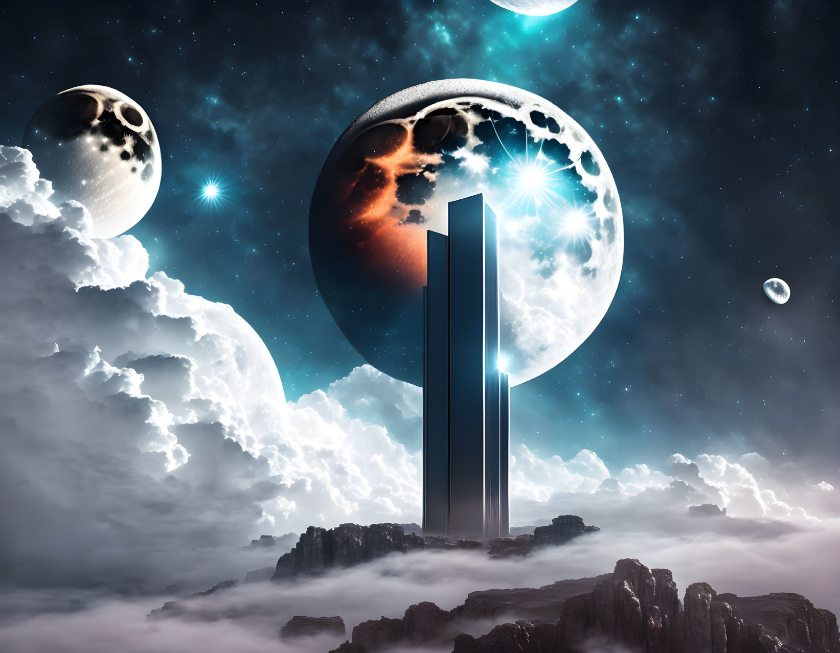 Surreal skyscape with multiple moons and towering skyscraper