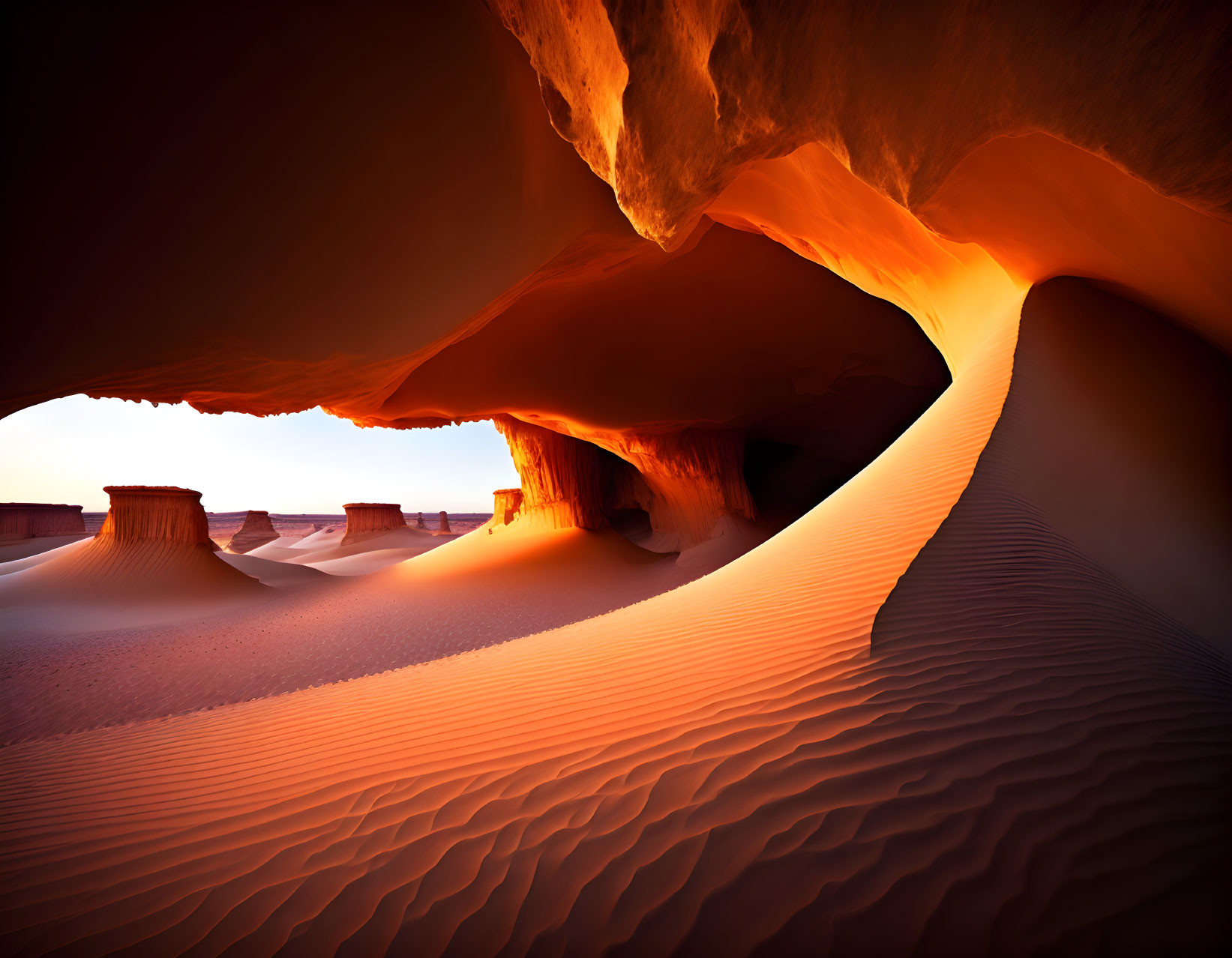 Orange Sandstone Arch Contrasting with Sand Dunes in Dimly Lit Cavern