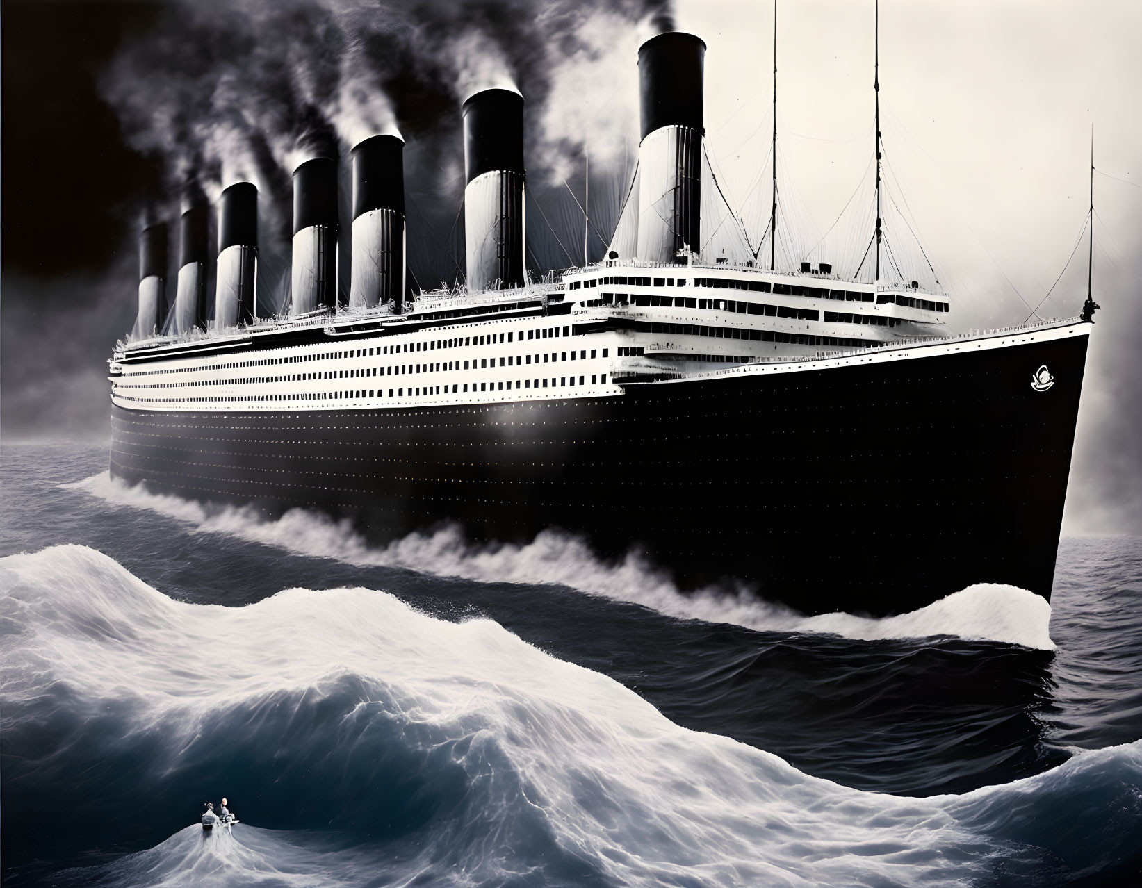 Vintage black and white ocean liner sailing in turbulent seas