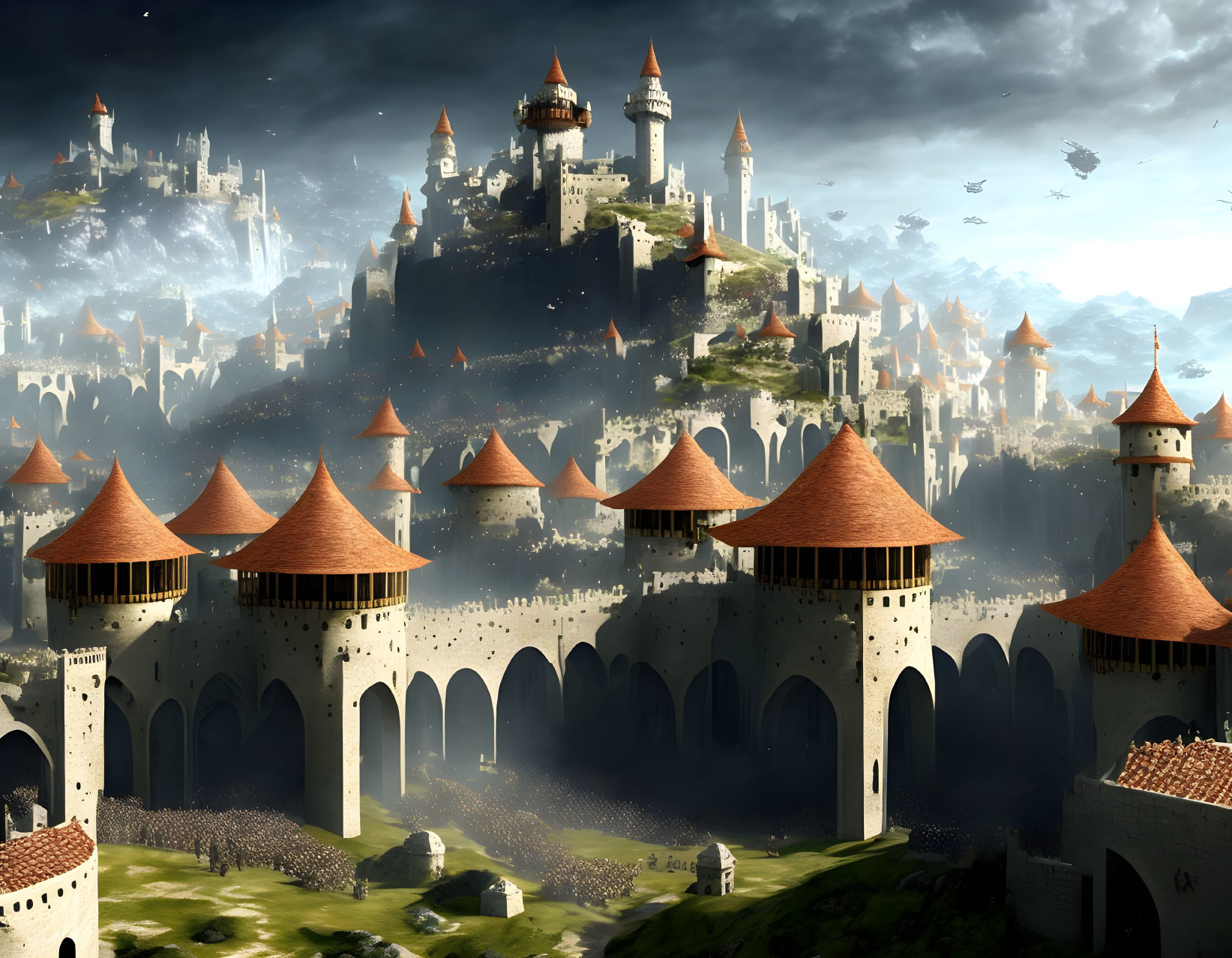 Fantasy castle with towers and turrets in mountain backdrop