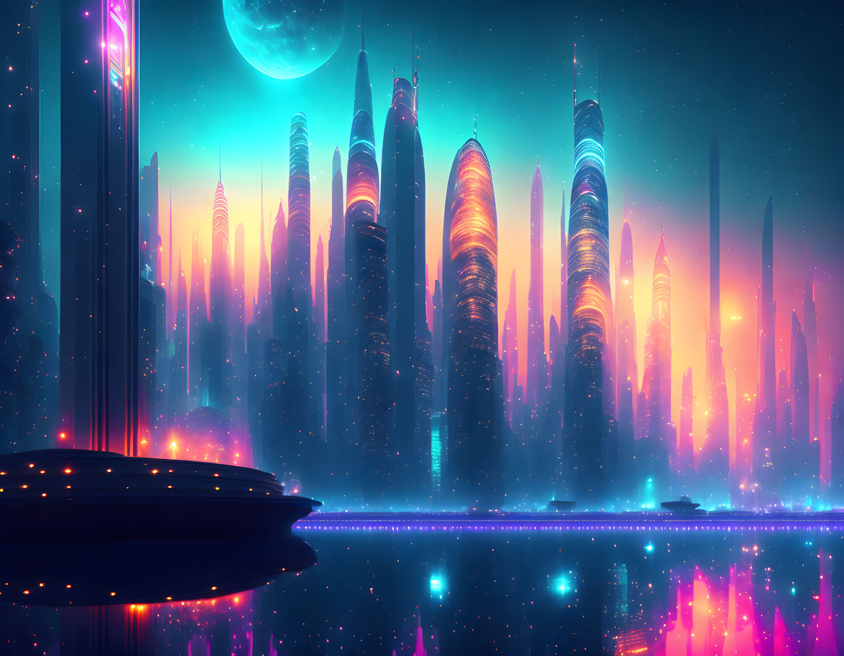 Futuristic cityscape at dusk with neon lights and skyscrapers