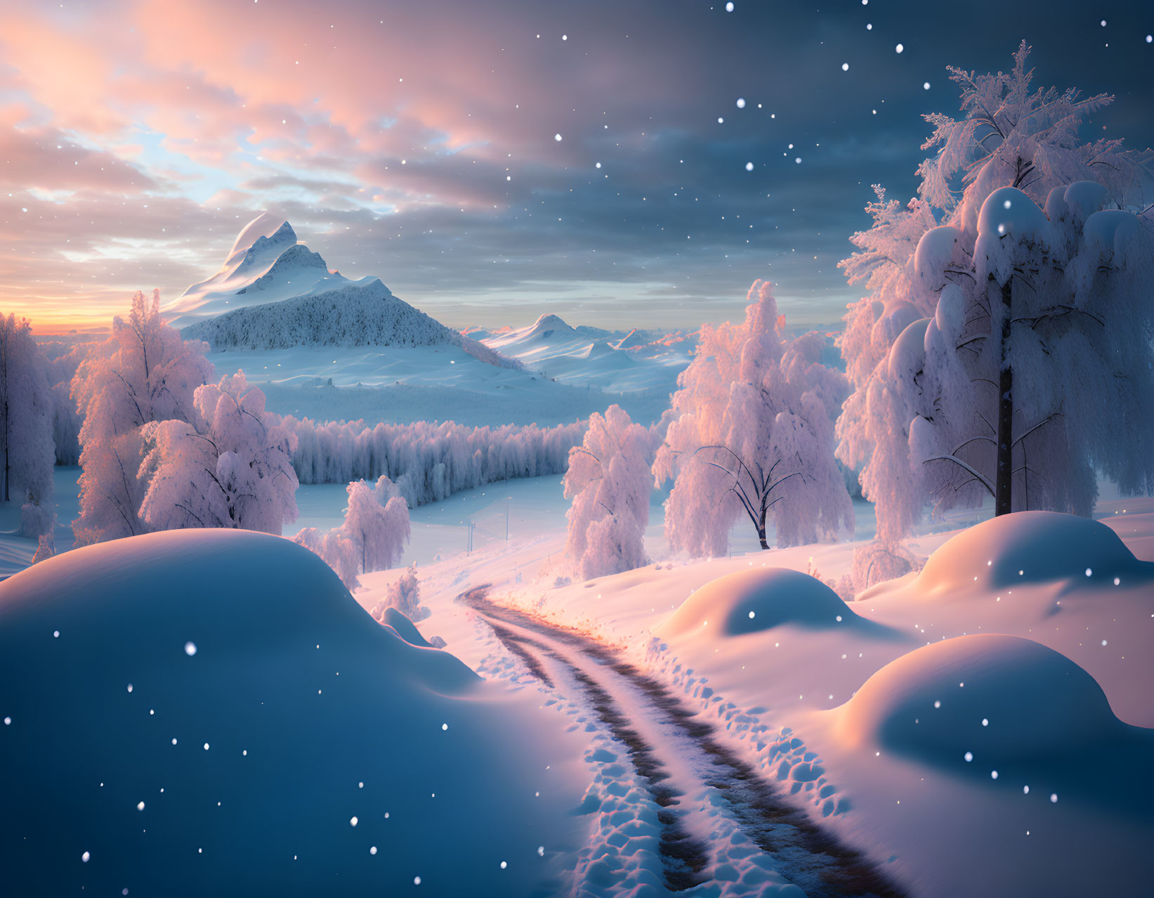 Snow-covered trees, tire tracks, mountain, starry sky in serene winter landscape