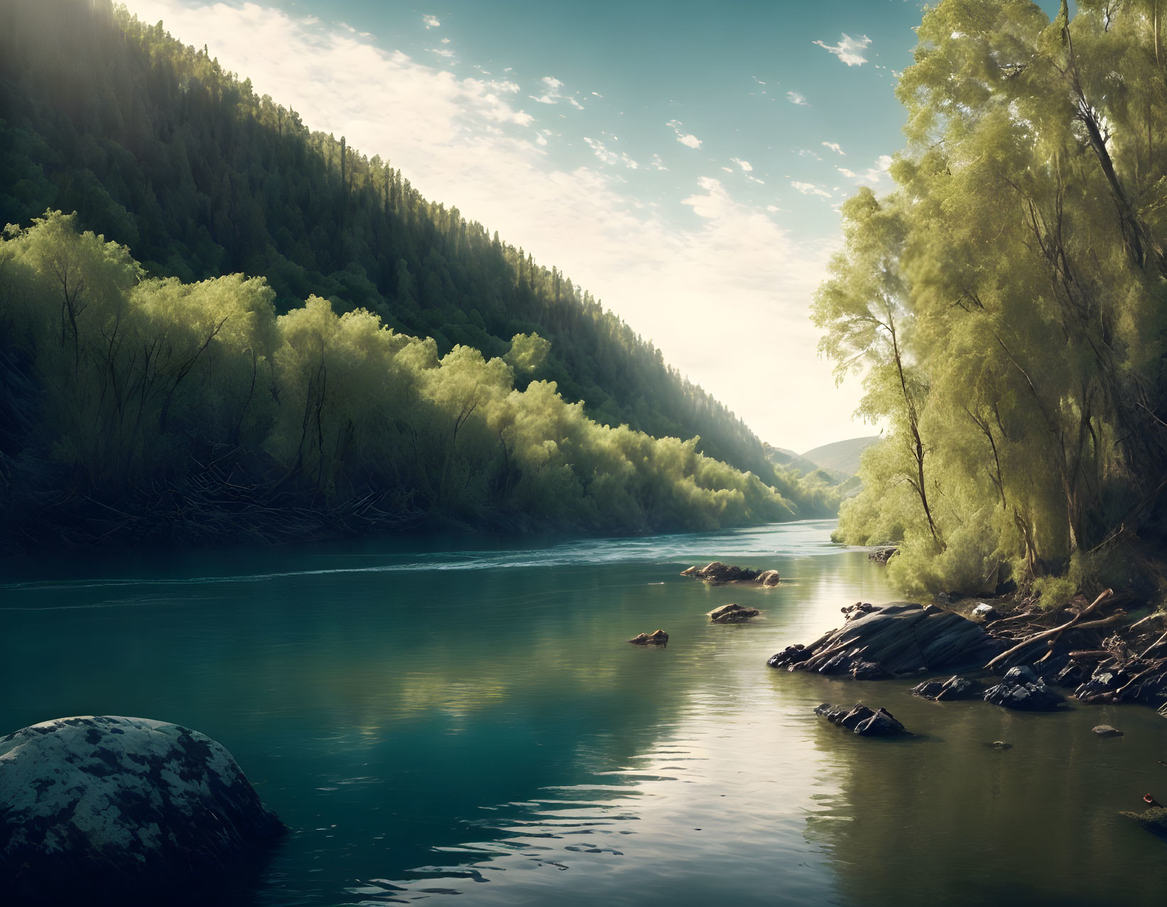 Tranquil river with lush forests, sunbeams, debris, serene atmosphere