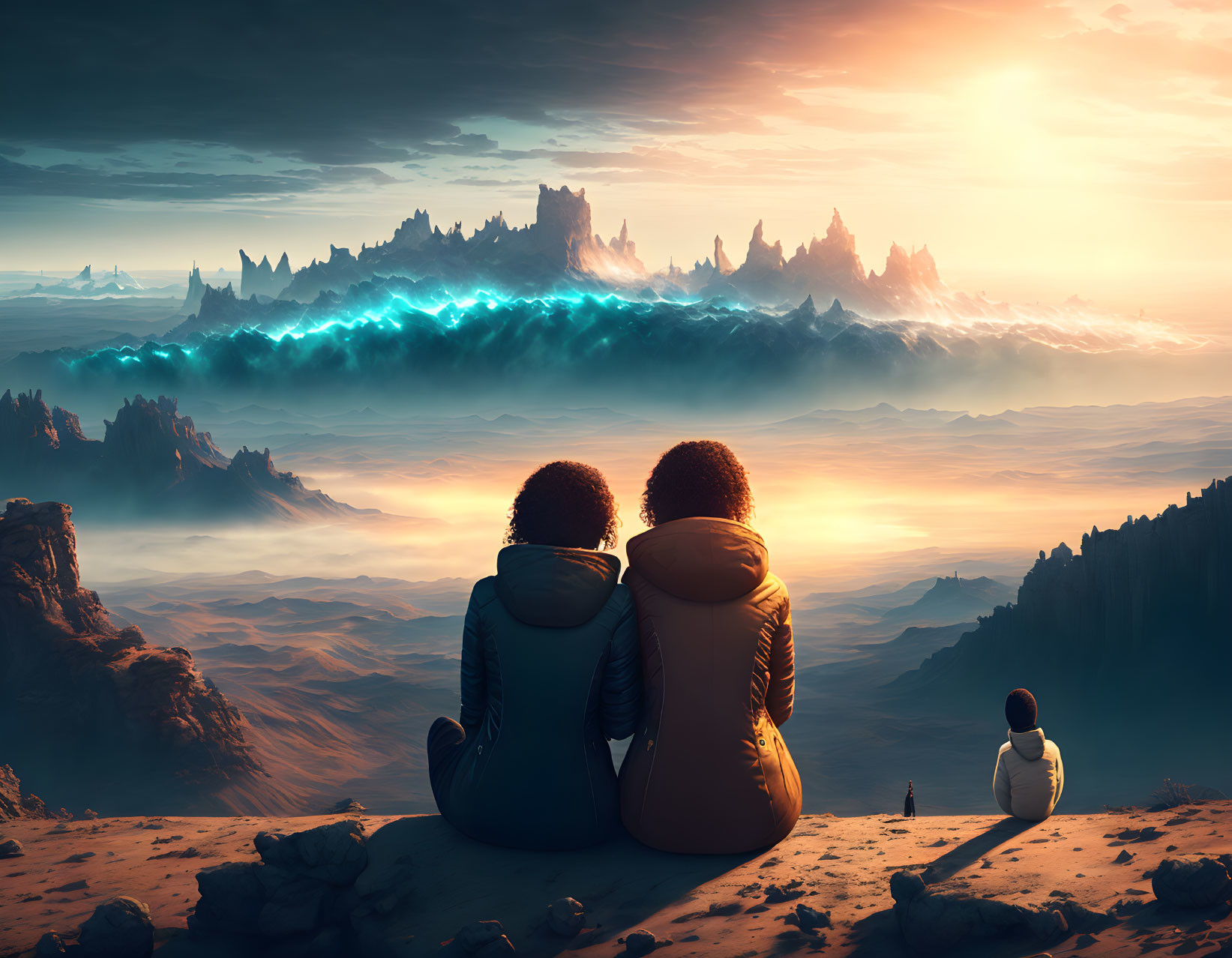 Futuristic landscape with glowing blue lights, canyons, surreal sunset sky, two individuals,