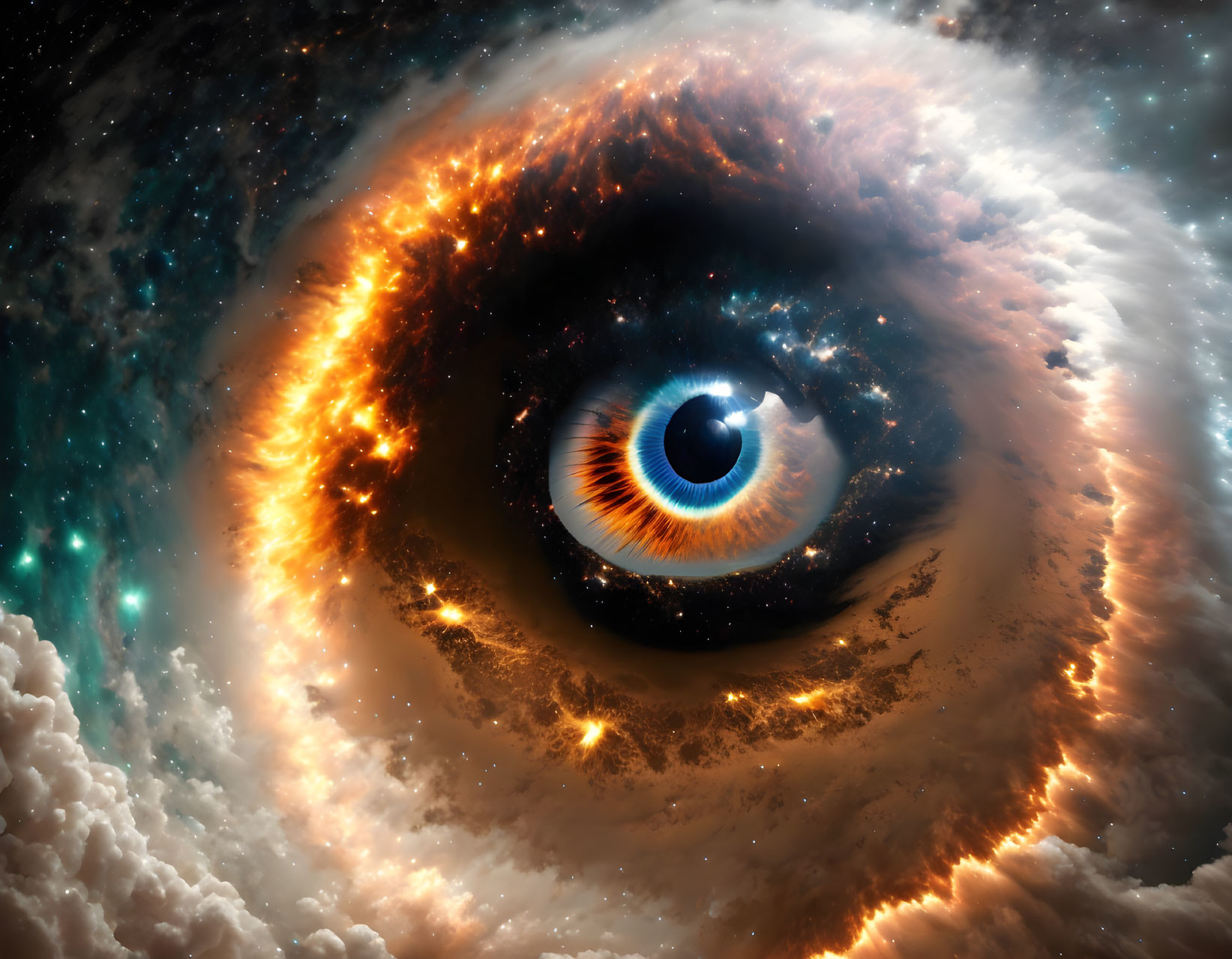 Starry sky background with cosmic eye and fiery nebulae