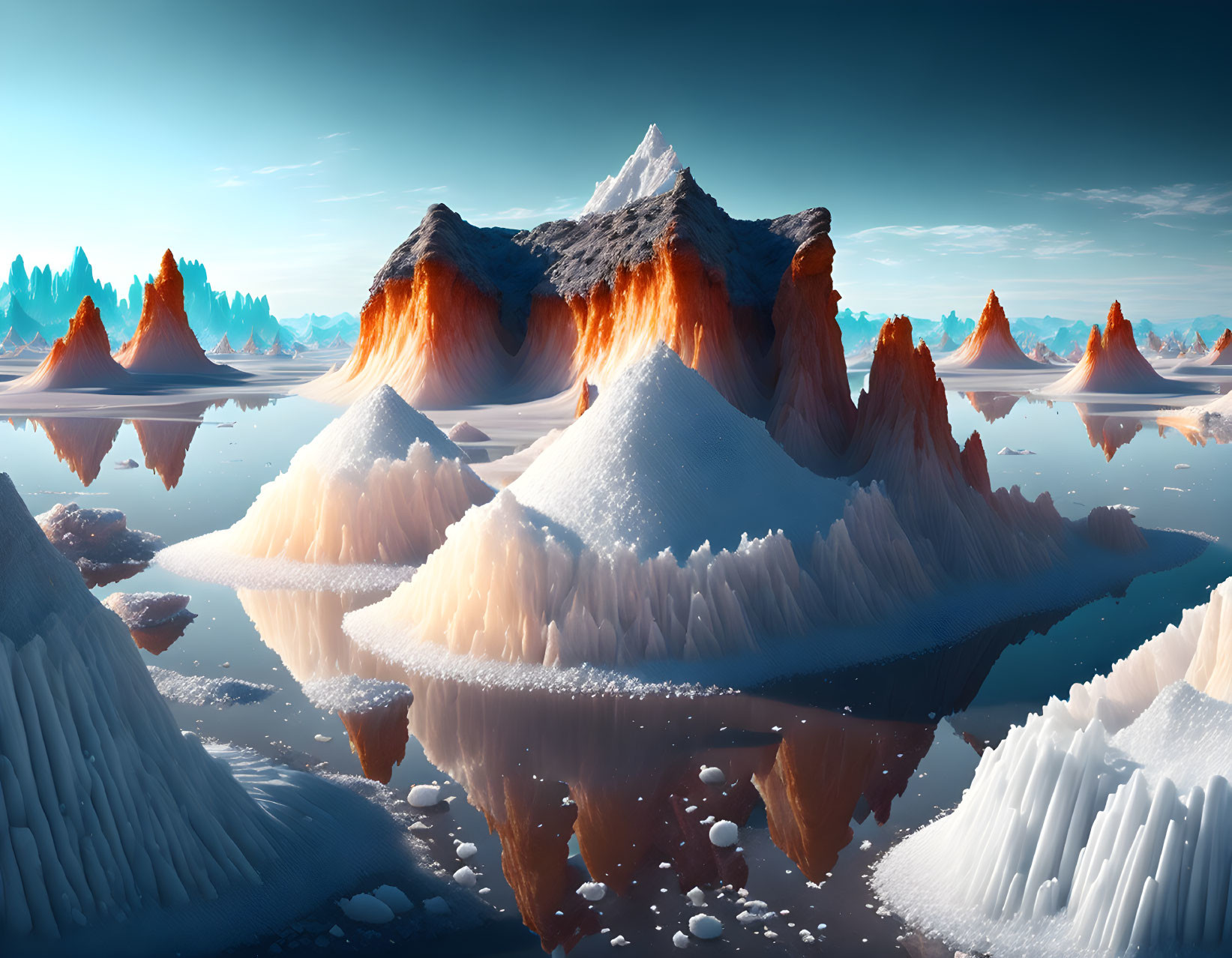 Surreal icy peaks and orange formations in reflective waters