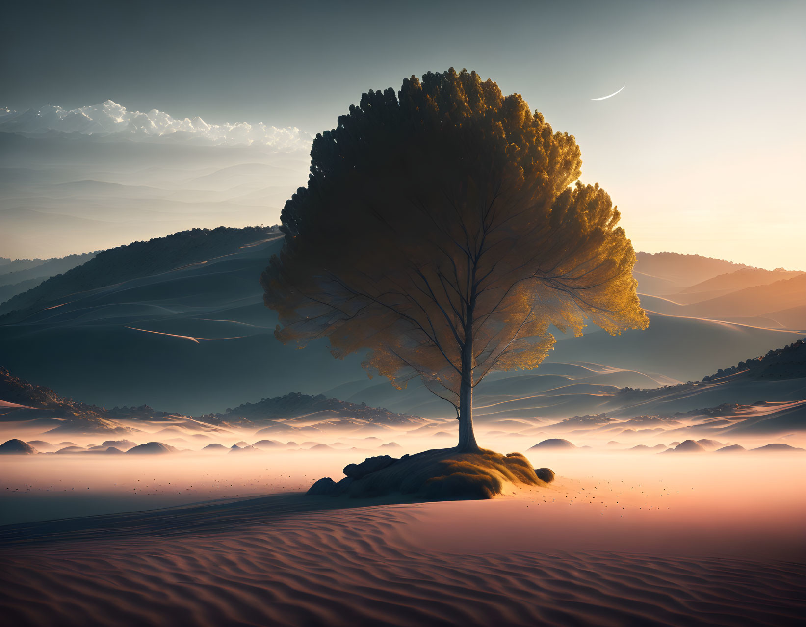 Solitary tree on sand dunes under tranquil sky