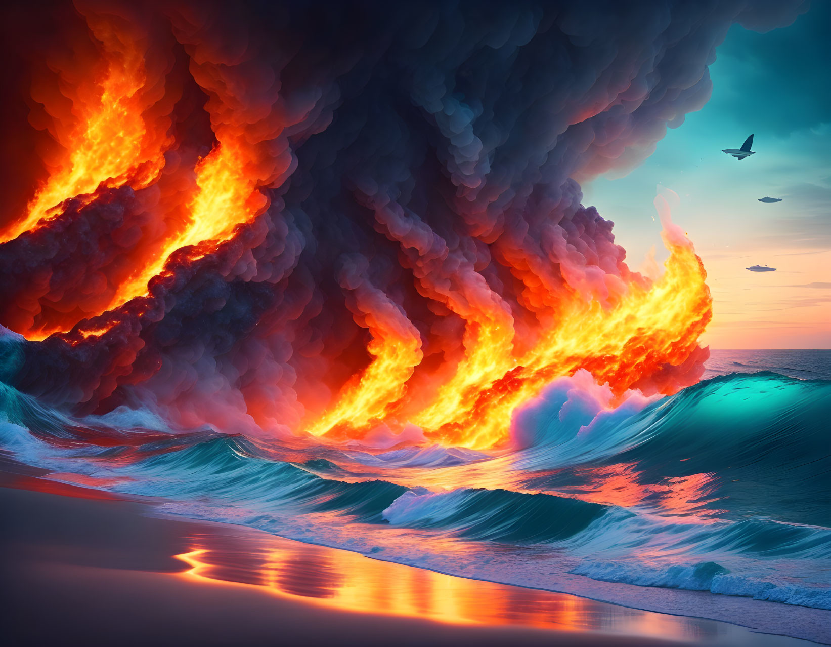 Artwork: Massive fire wave meets ocean under stormy sky