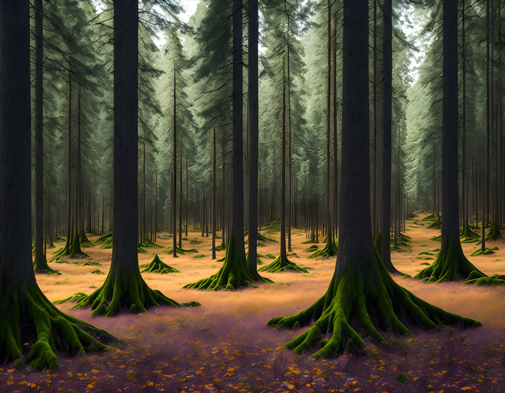 Enchanting misty forest with towering trees and purple flowers