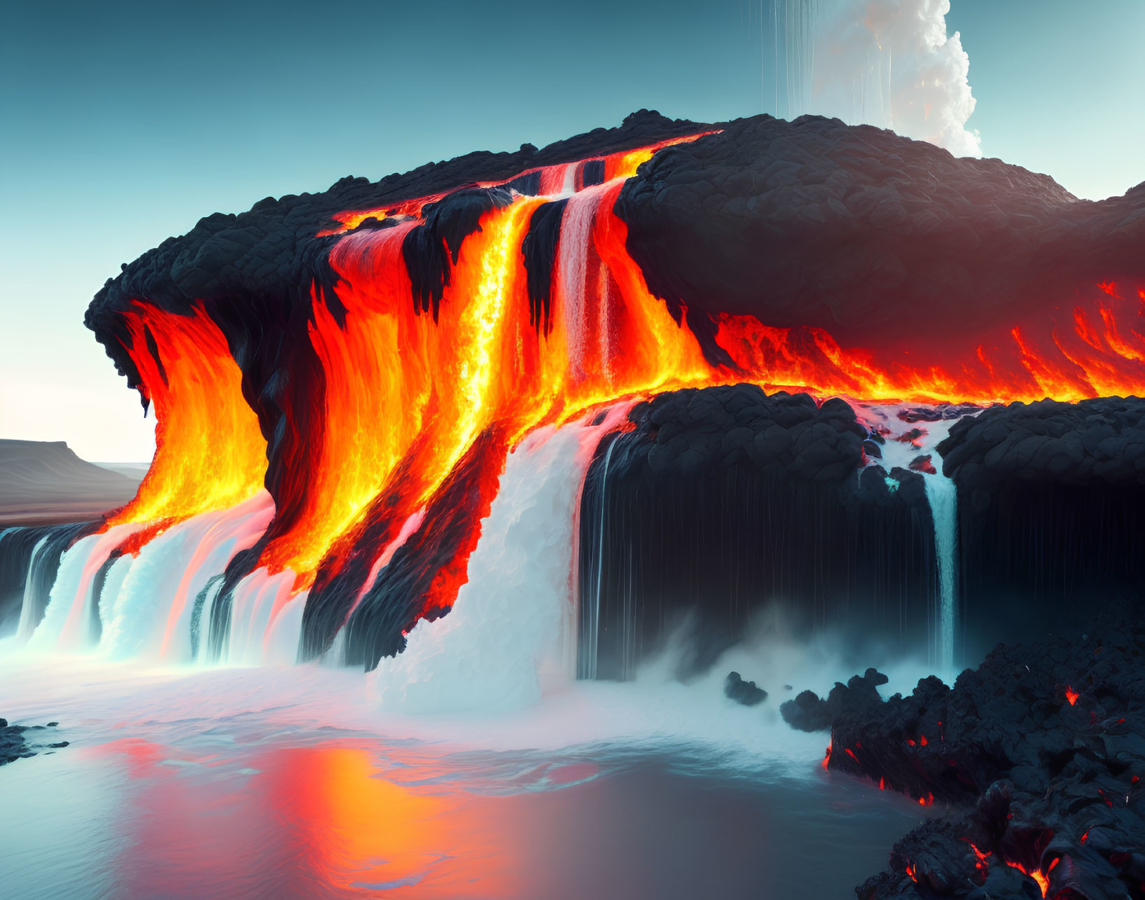 Molten lava flowing into water, creating steam and contrasting temperatures