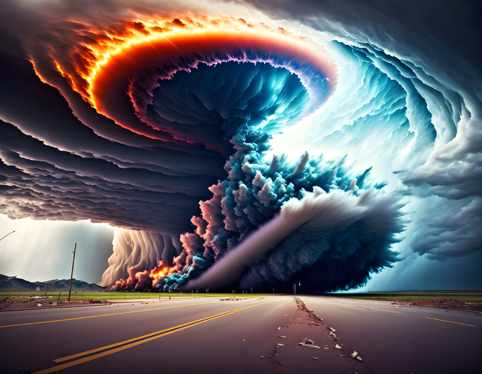 Surreal digitally altered image of swirling tornado with orange flames over cracked road