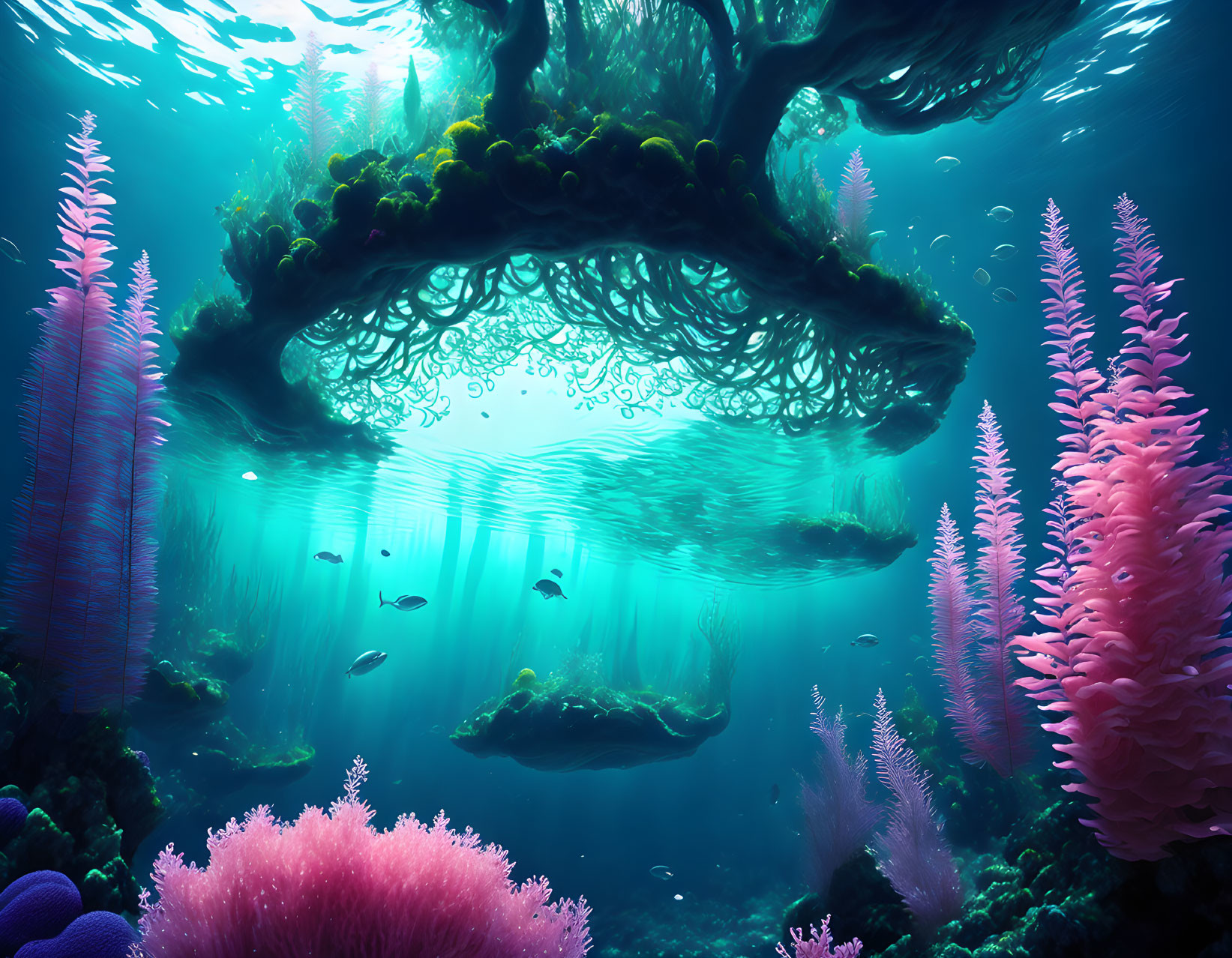 Colorful Coral Reefs and Fish in Sunlit Underwater Scene