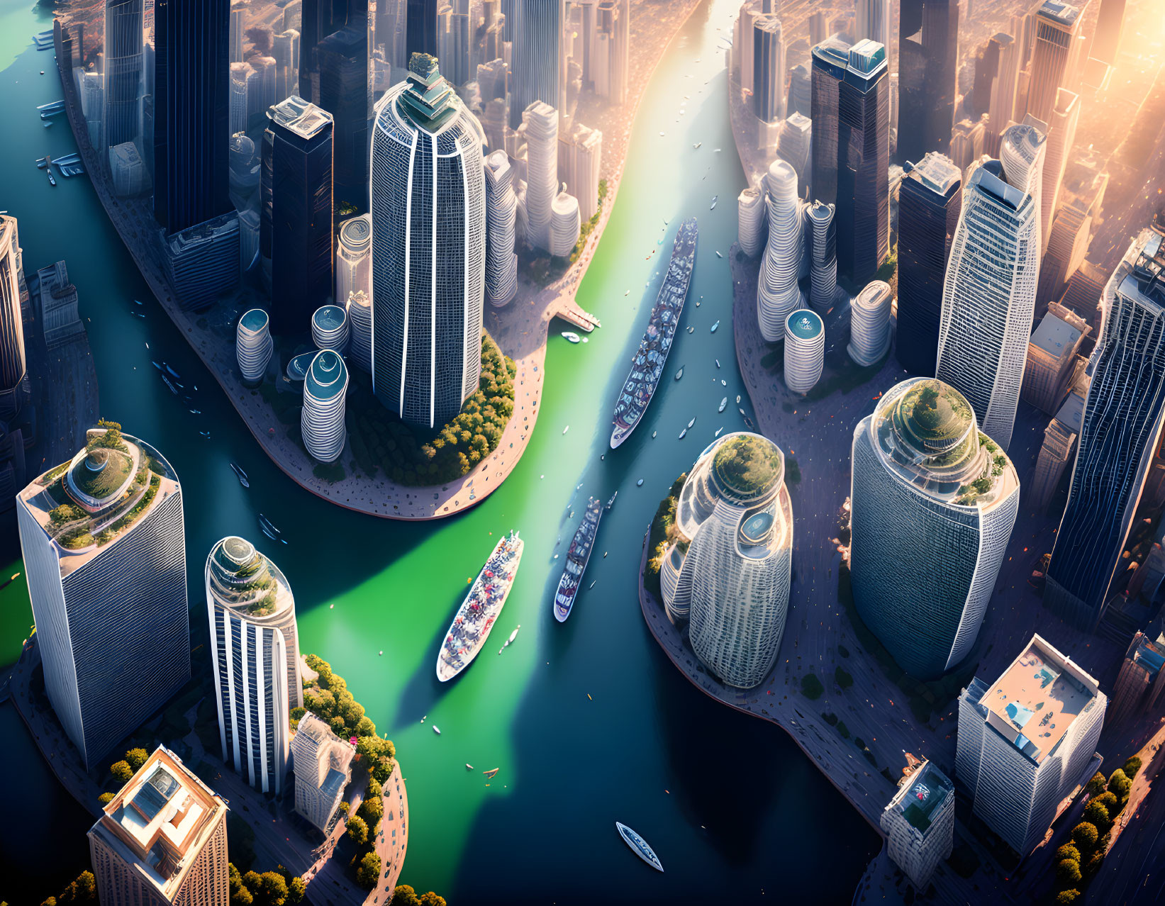 Futuristic cityscape with skyscrapers, green rooftops, river, boats at golden hour