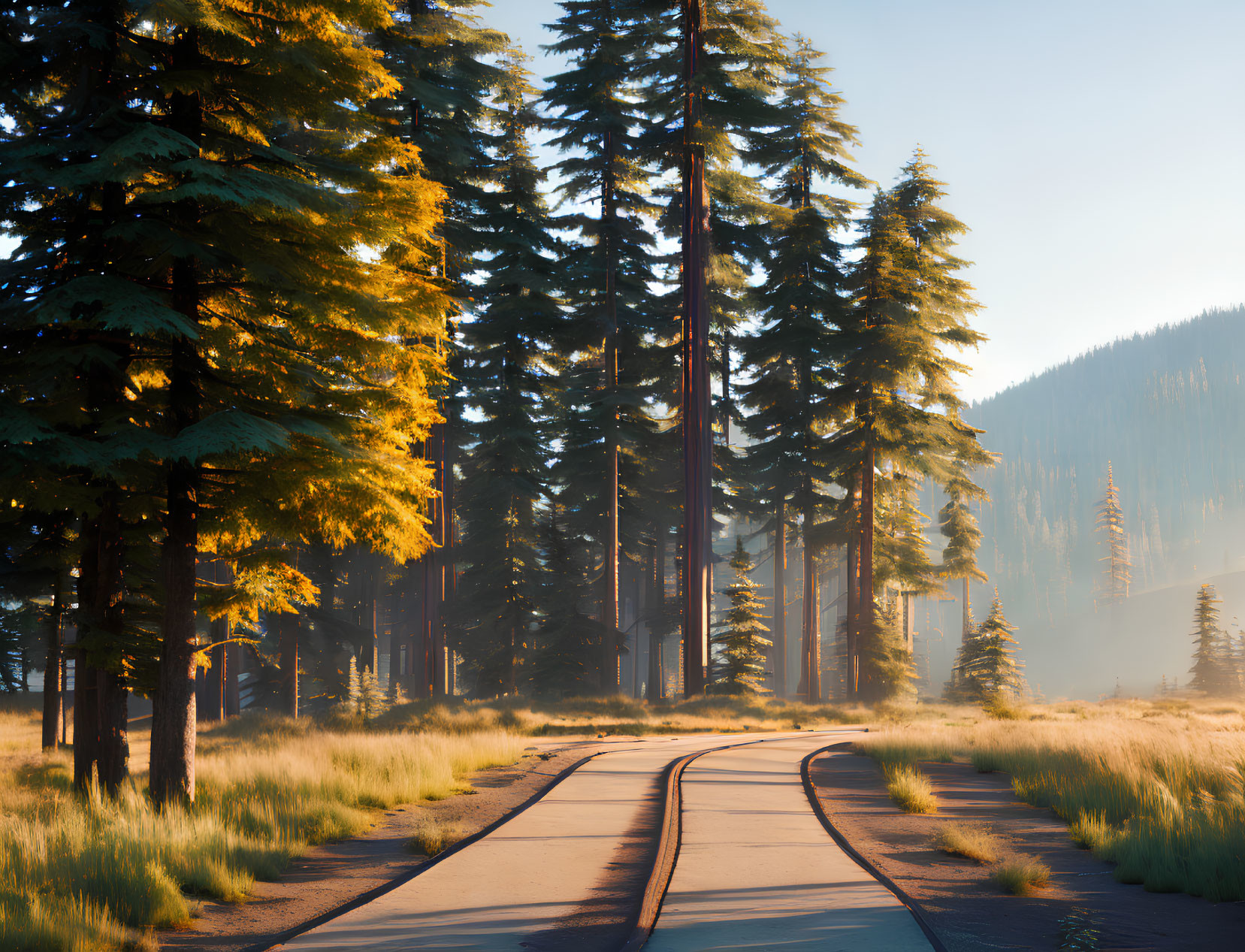 Serene forest with tall pine trees and winding road