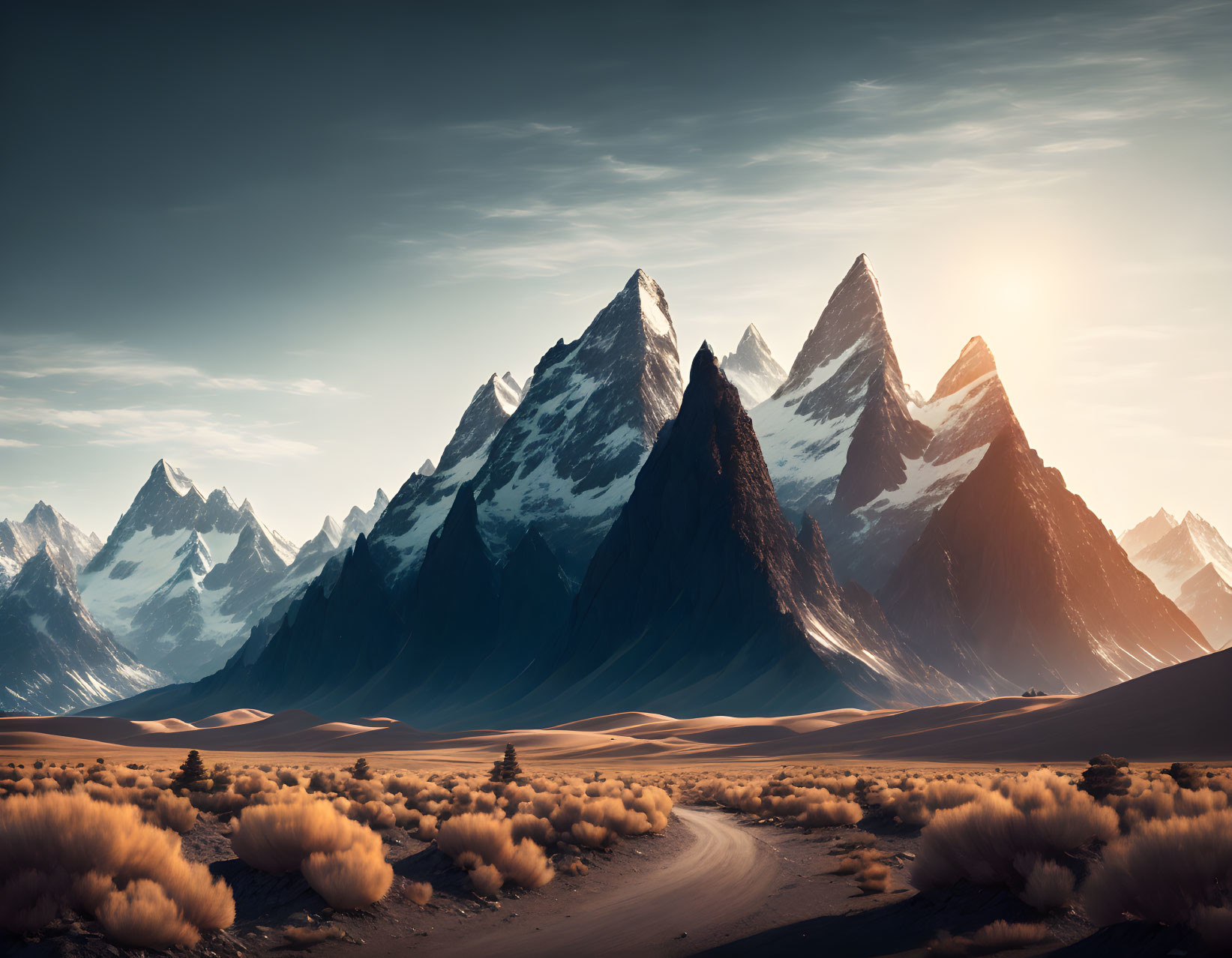 Desert landscape with majestic mountain peaks