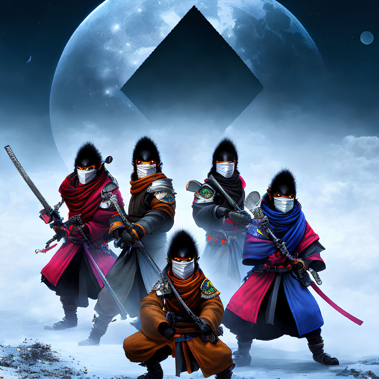 Five Colorful Ninja Characters Under Large Moon Symbol in Moody Sky