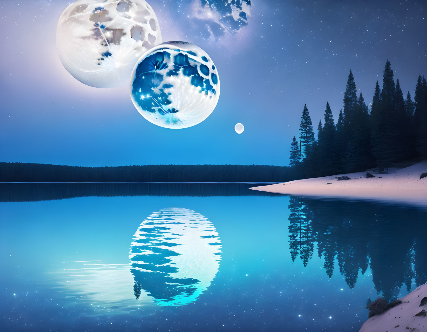 Snowy Forest & Lake Nightscape with Oversized Moons