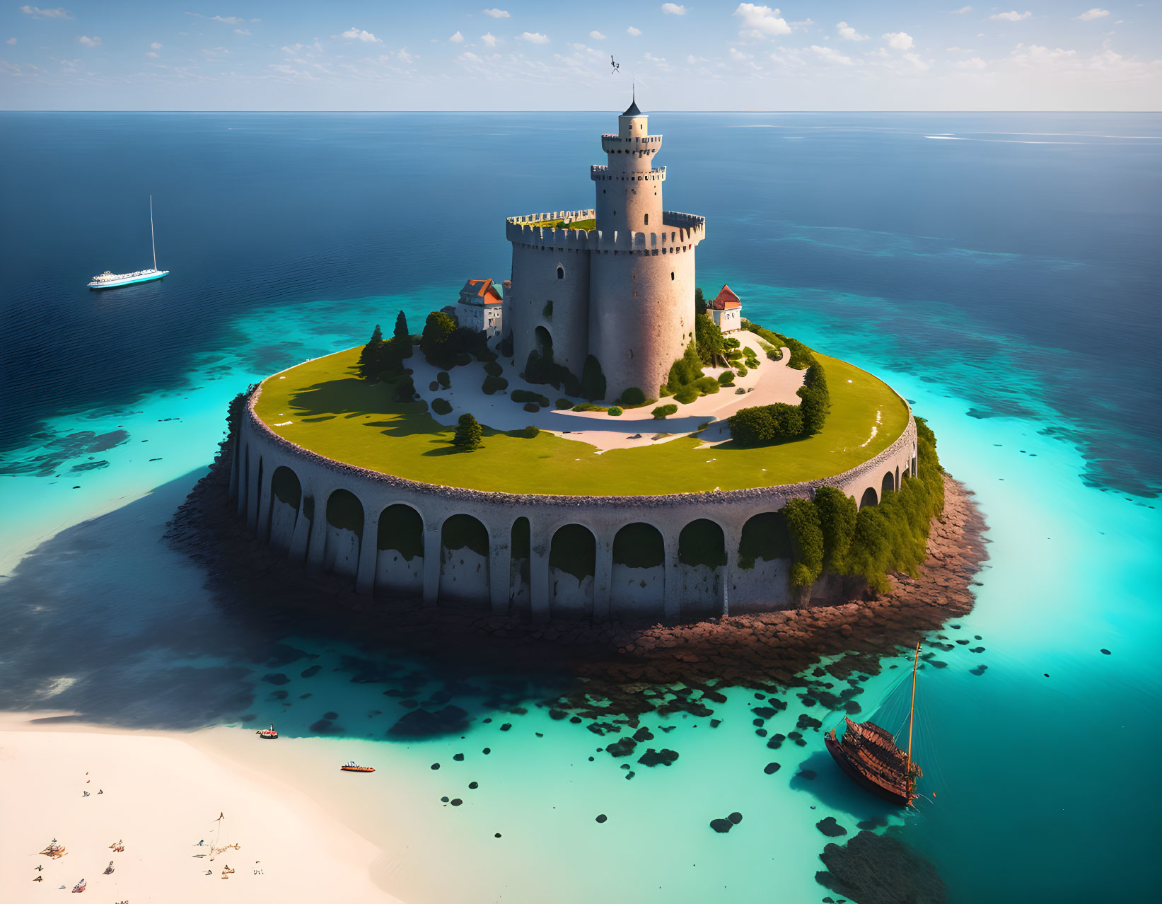 Circular island castle with sailboat in clear blue seas