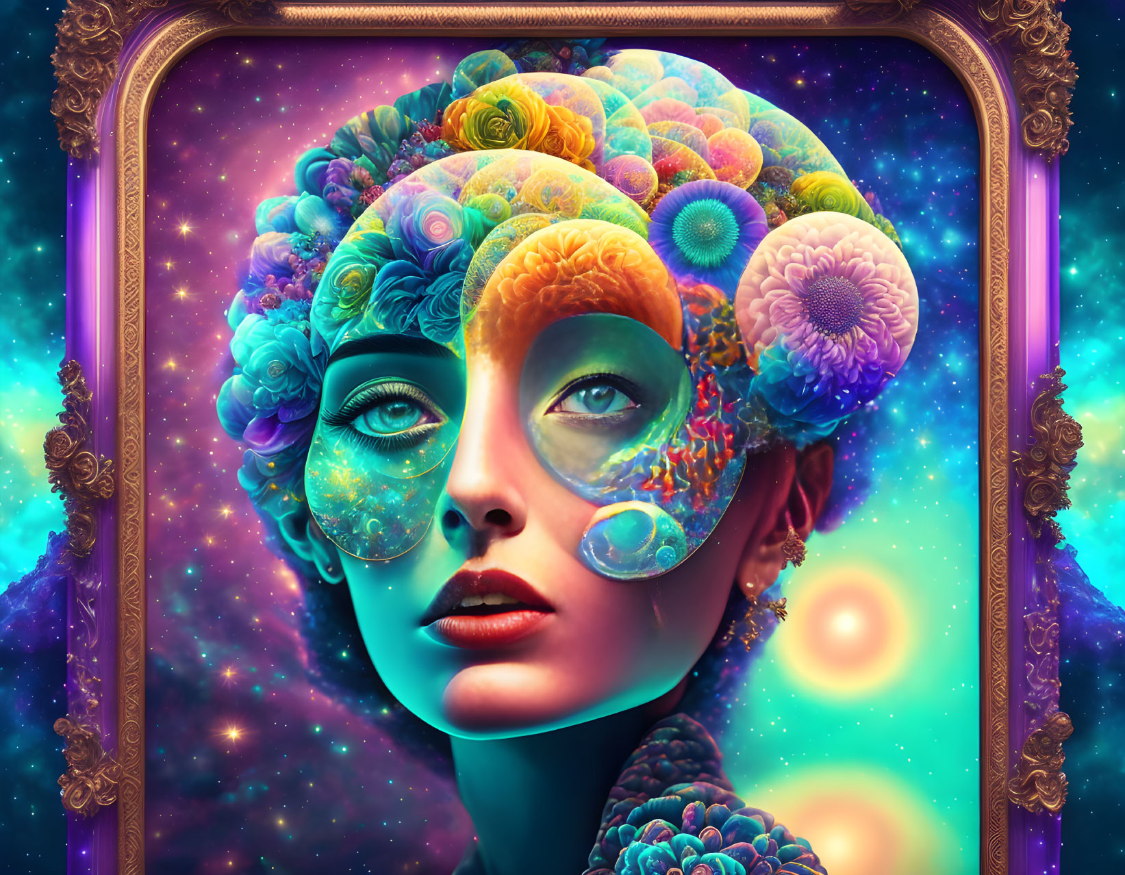 Colorful digital artwork: Woman's face with flower brain in baroque frame