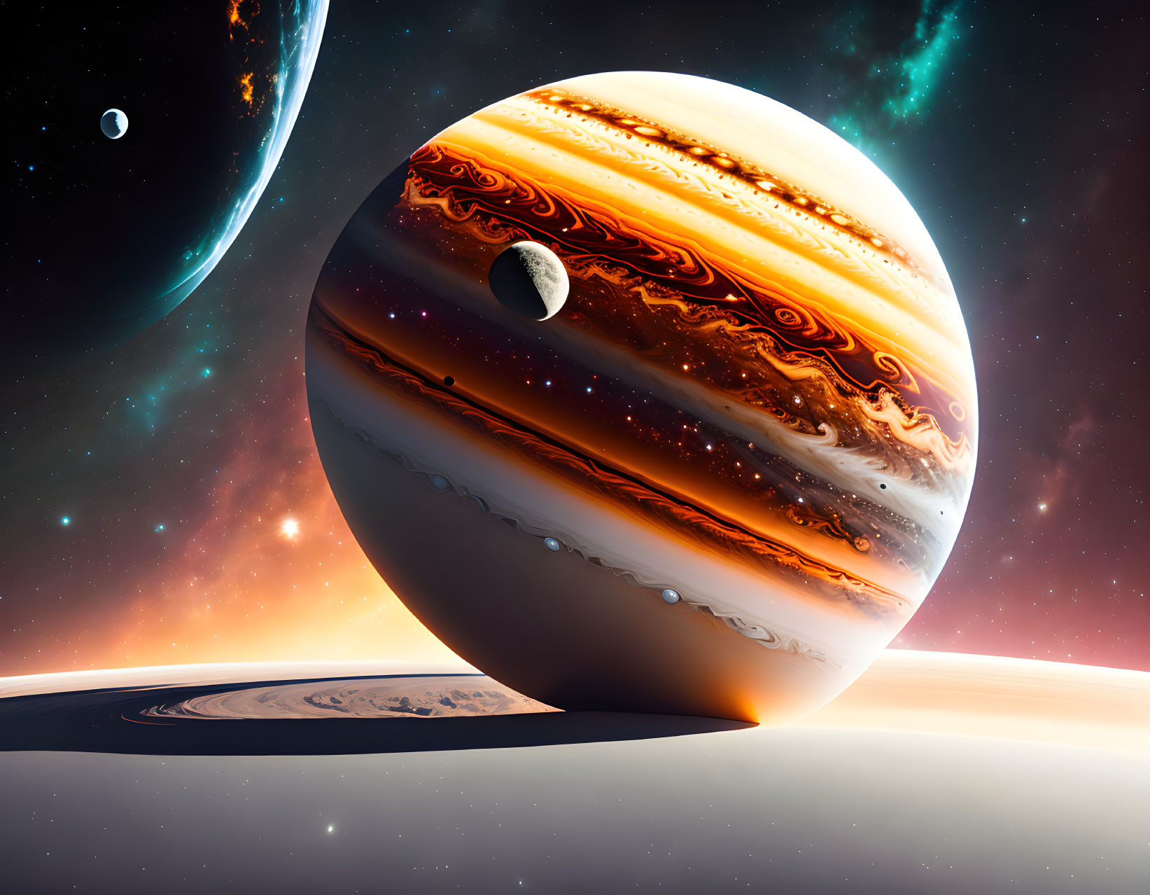 Vibrant Jupiter with swirling clouds, rings, moons, and neighboring planet