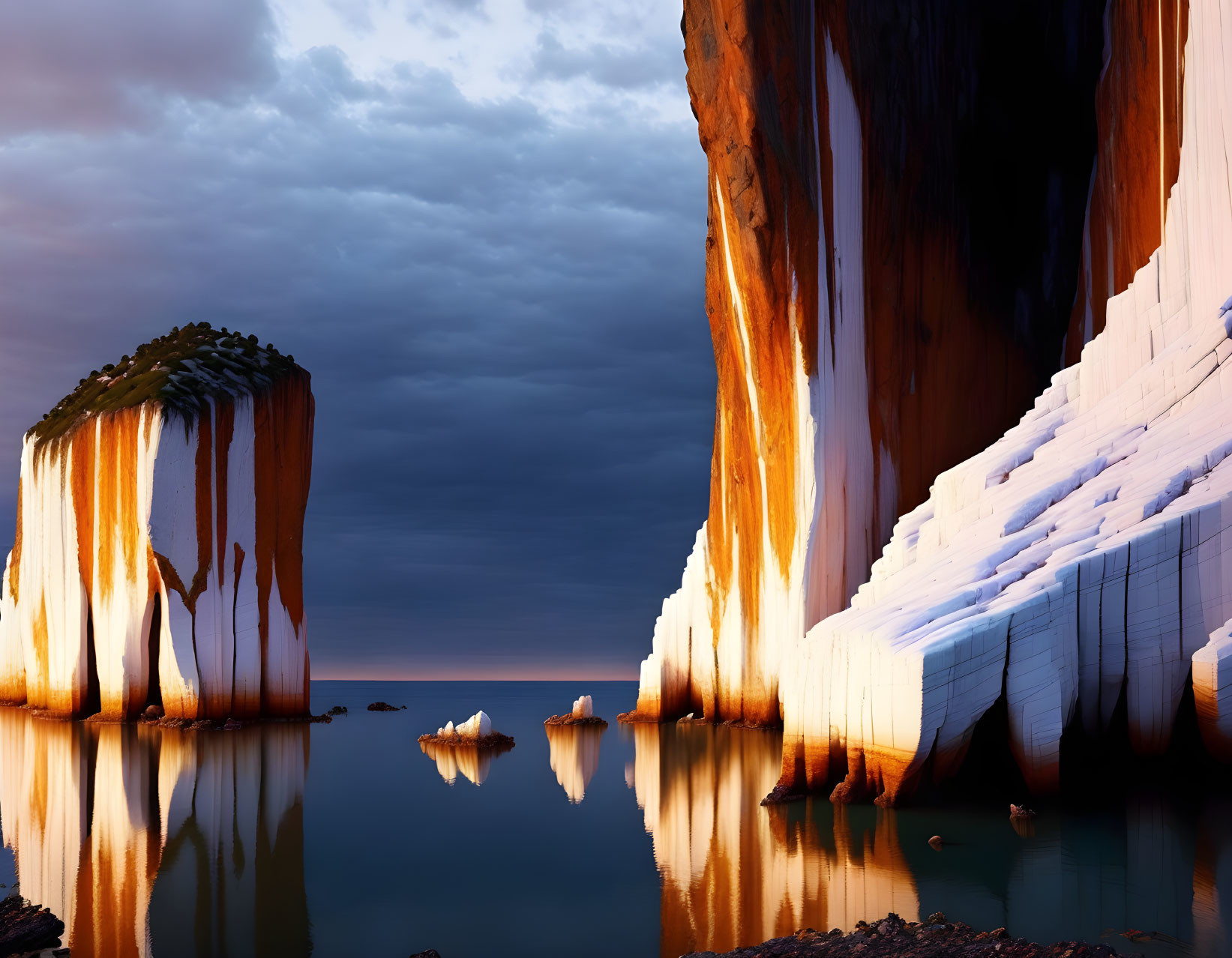 Dramatic dusk scene of steep cliffs reflected in still water