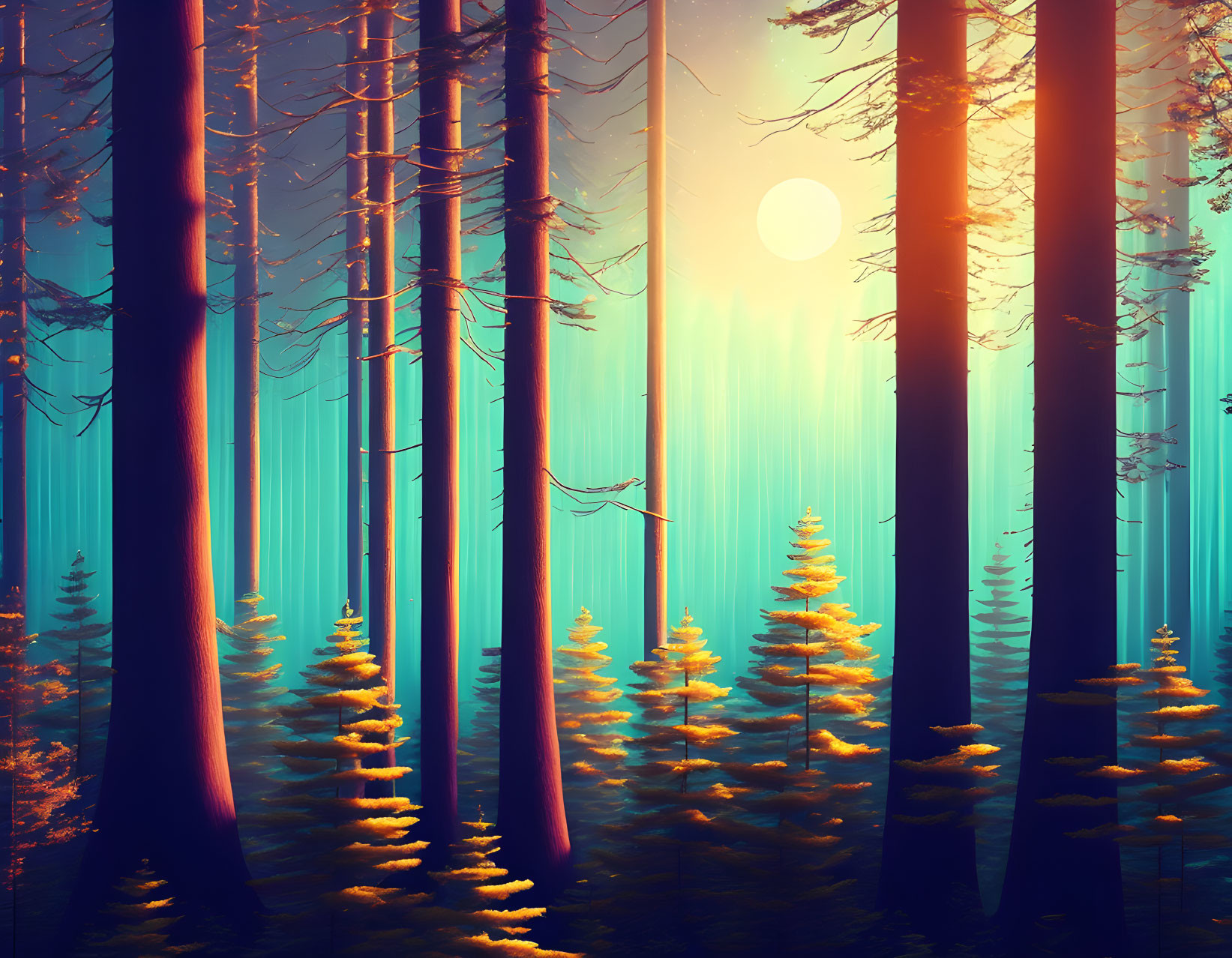 Majestic forest sunset with tall trees and radiant sunlight