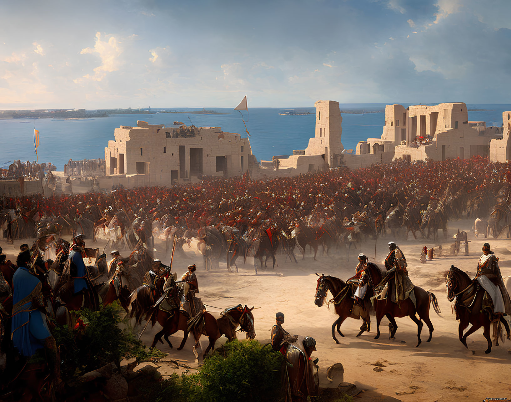 Military Soldiers in Red Tunics on Horseback in Ancient Cityscape with Ships