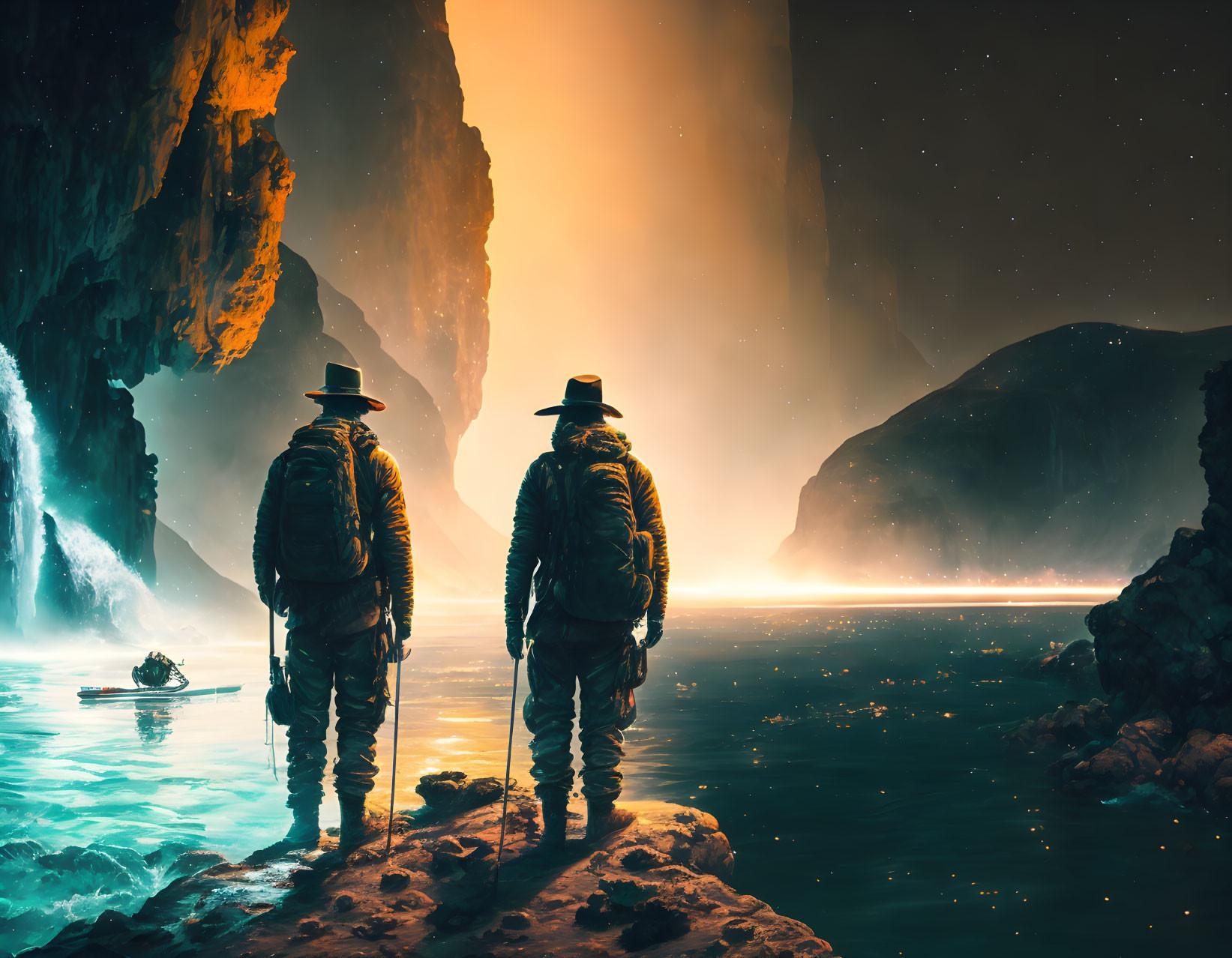 Explorers on rocky outcrop view luminescent cave under celestial glow