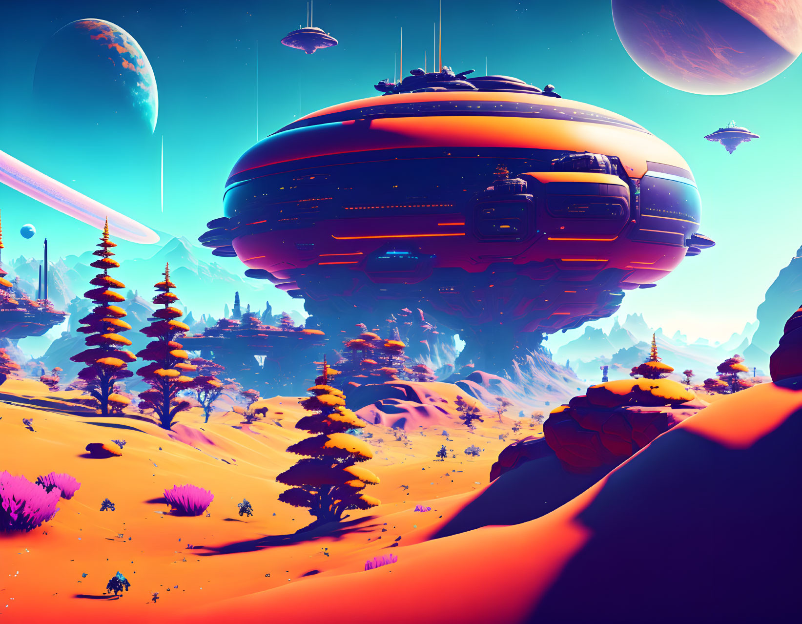 Colorful sci-fi landscape with floating spaceships, alien trees, and large planet.